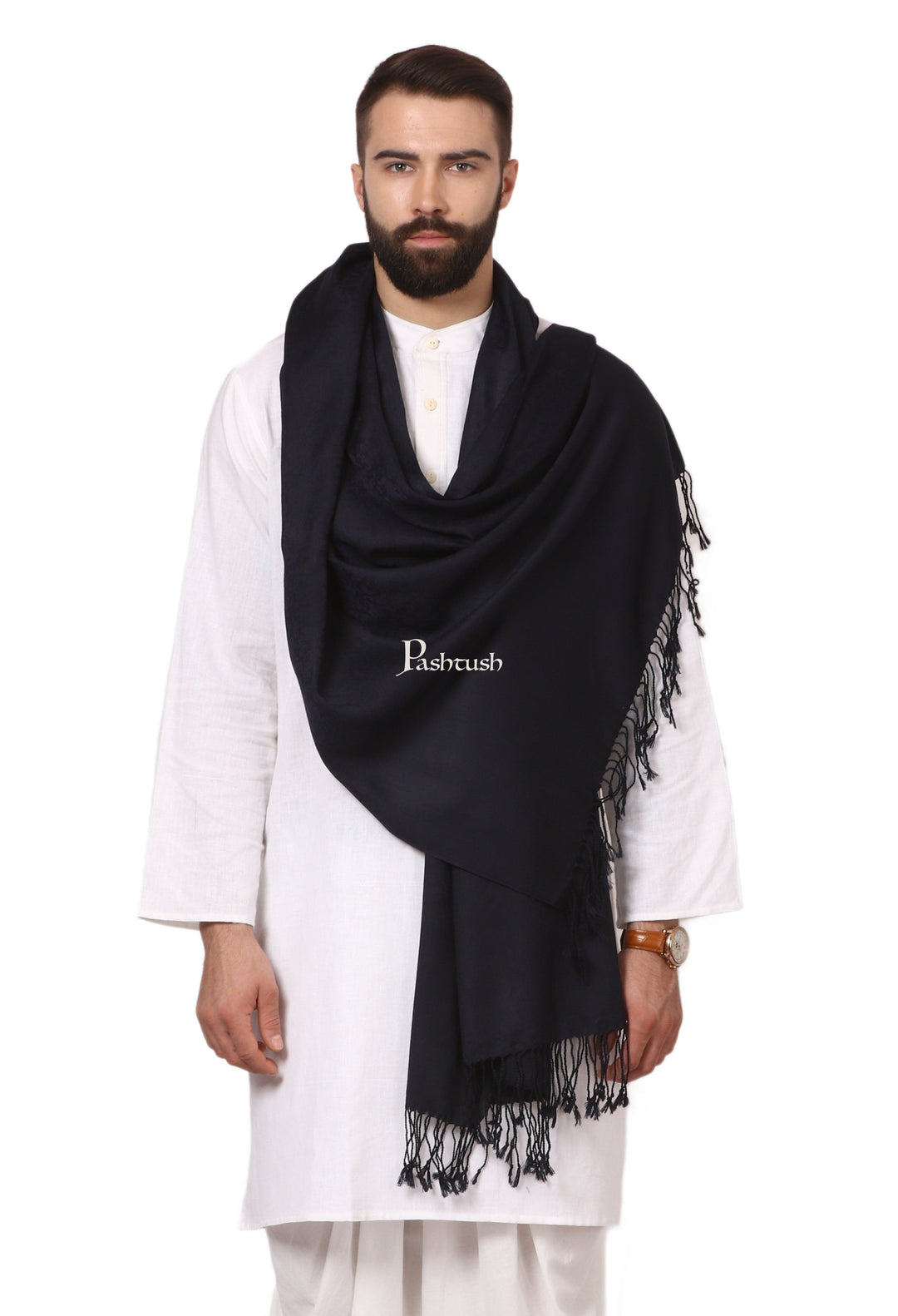 Pashtush India Gift Pack Pashtush His And Her Gift Set Of Fine Wool Self Stole And Embroidery Shawl With Premium Gift Box Packaging, Rich Black and Green