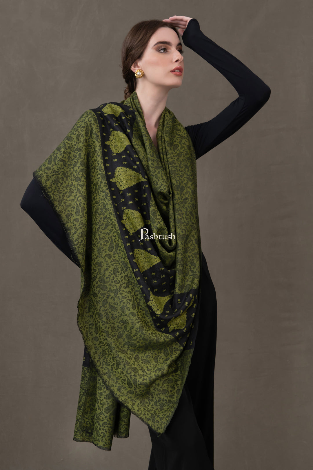 Pashtush India Gift Pack Pashtush His And Her Gift Set Of Fine Wool Self Stole And Embroidery Shawl With Premium Gift Box Packaging, Rich Black and Green