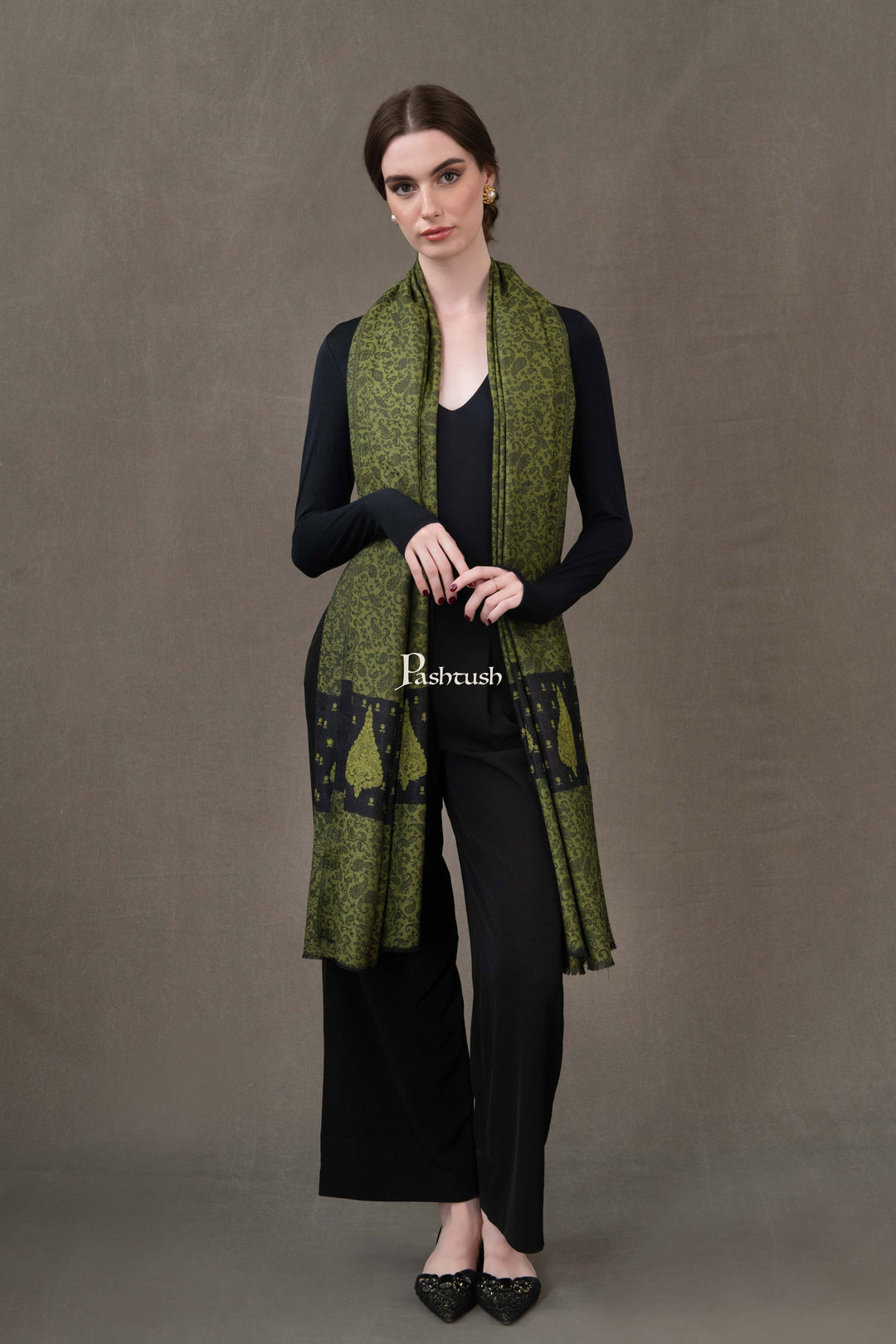 Pashtush India Gift Pack Pashtush His And Her Gift Set Of Fine Wool Self Stole And Embroidery Shawl With Premium Gift Box Packaging, Rich Black and Green