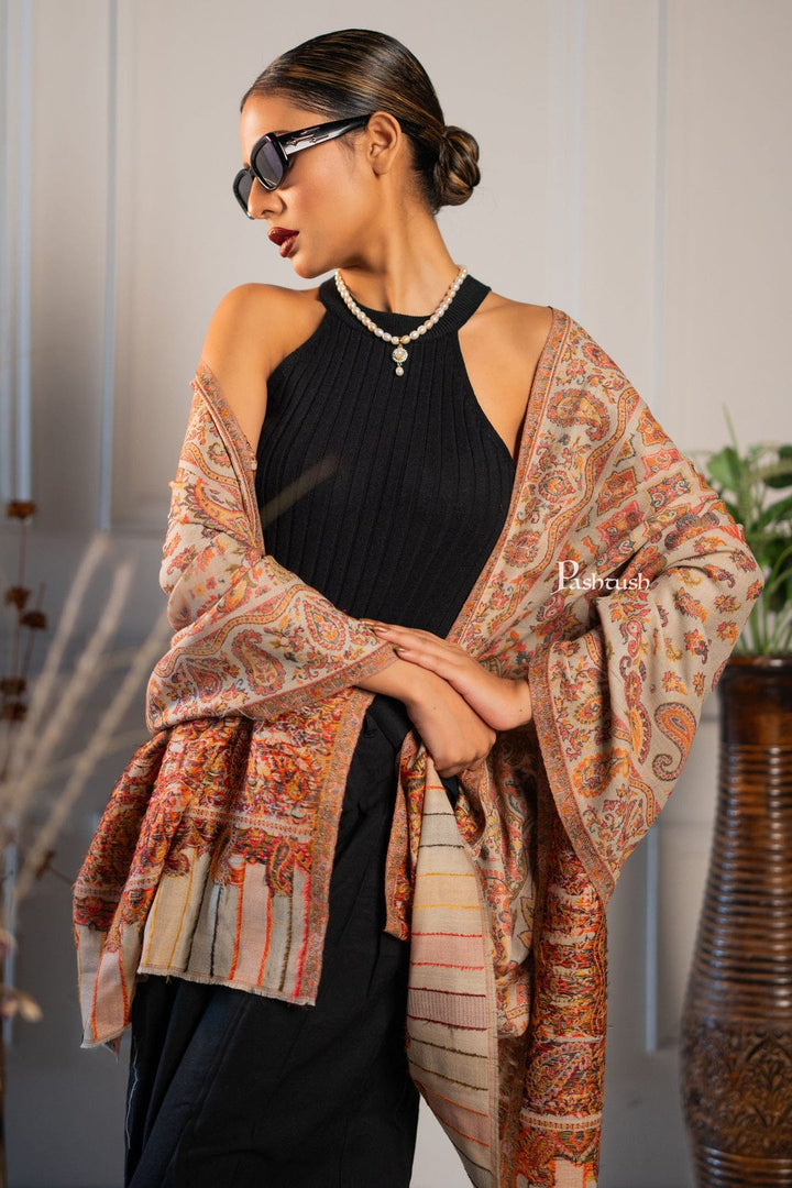 Pashtush India Gift Pack Pashtush His and Her Gift Set of Fine Wool Shawl and Stole, Taupe and Beige, Packaged in Keepsake Wooden Chester Gift Box