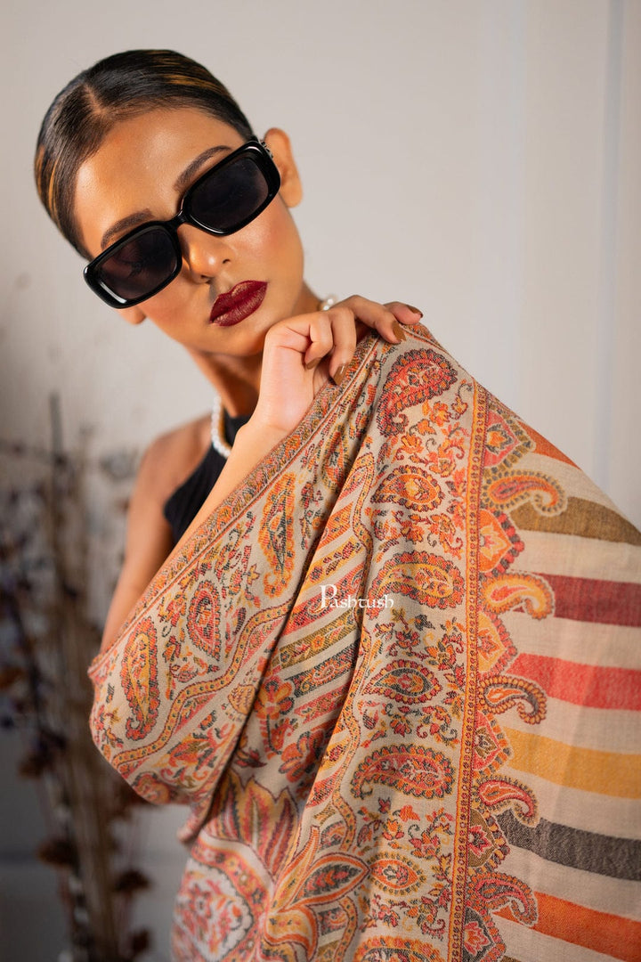 Pashtush India Gift Pack Pashtush His and Her Gift Set of Fine Wool Shawl and Stole, Taupe and Beige, Packaged in Keepsake Wooden Chester Gift Box