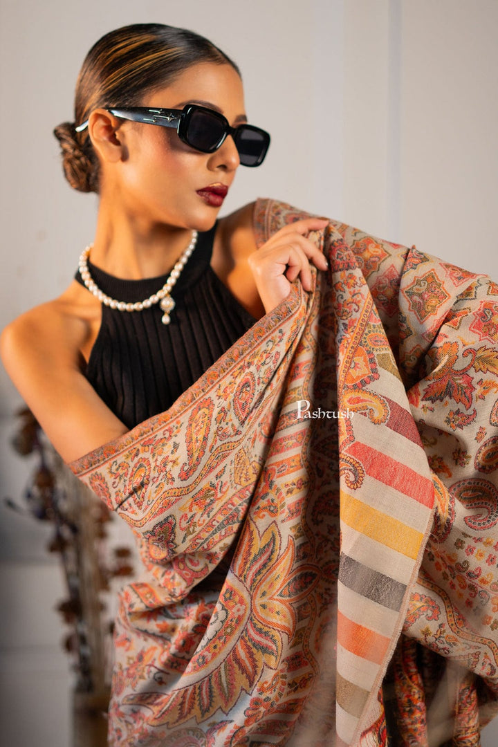 Pashtush India Gift Pack Pashtush His and Her Gift Set of Fine Wool Shawl and Stole, Taupe and Beige, Packaged in Keepsake Wooden Chester Gift Box