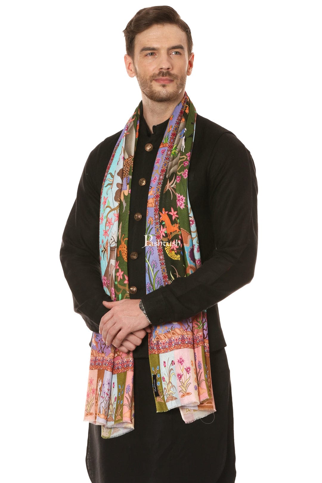 Pashtush India Gift Pack Pashtush His and Her Gift Set of Fine Wool Stole and Womens Bamboo Stole, Multicolour and Black, Packaged in Keepsake Wooden Chester Gift Box