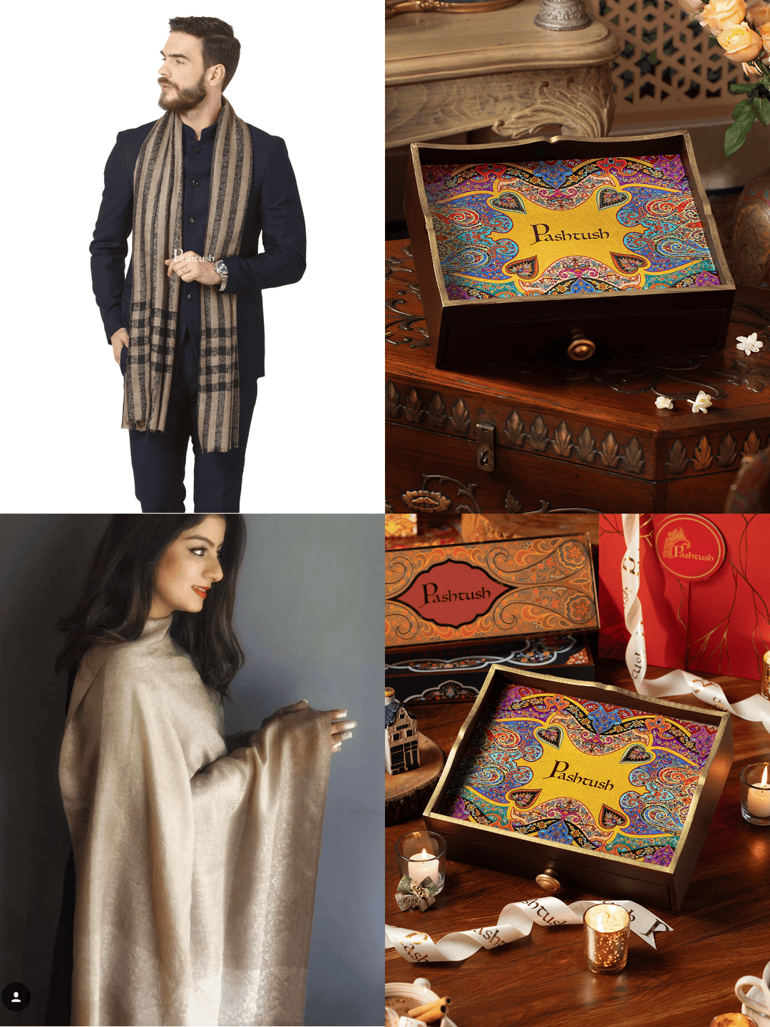 Pashtush India Gift Pack Pashtush His and Her Gift Set of Fine Wool Stoles, Beige and Black, Packaged in Keepsake Wooden Chester Gift Box