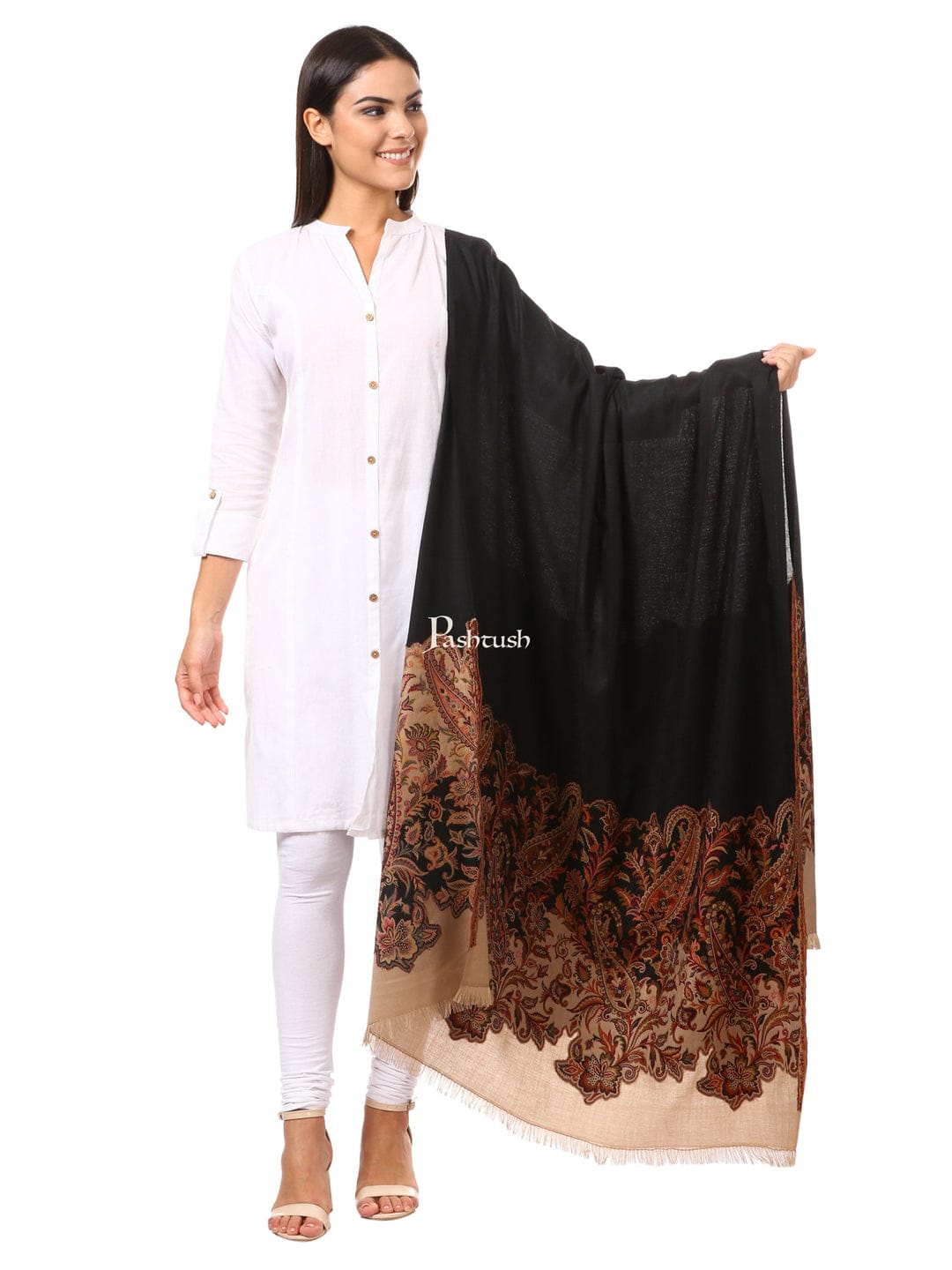 Pashtush India Gift Pack Pashtush His And Her Gift Set of Mens 100% Pure Wool Lohi and Womens Jacquard Palla Shawl, Premium Gift Box Packaging, Beige and Black