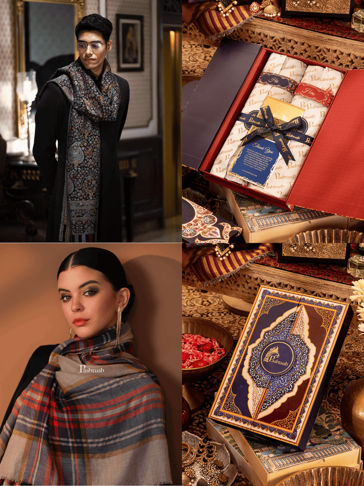Pashtush India Gift Pack Pashtush His And Her Gift Set of Mens Bamboo Stole and Womens Cashmere Stole, Premium Gift Box Packaging, Multicolour