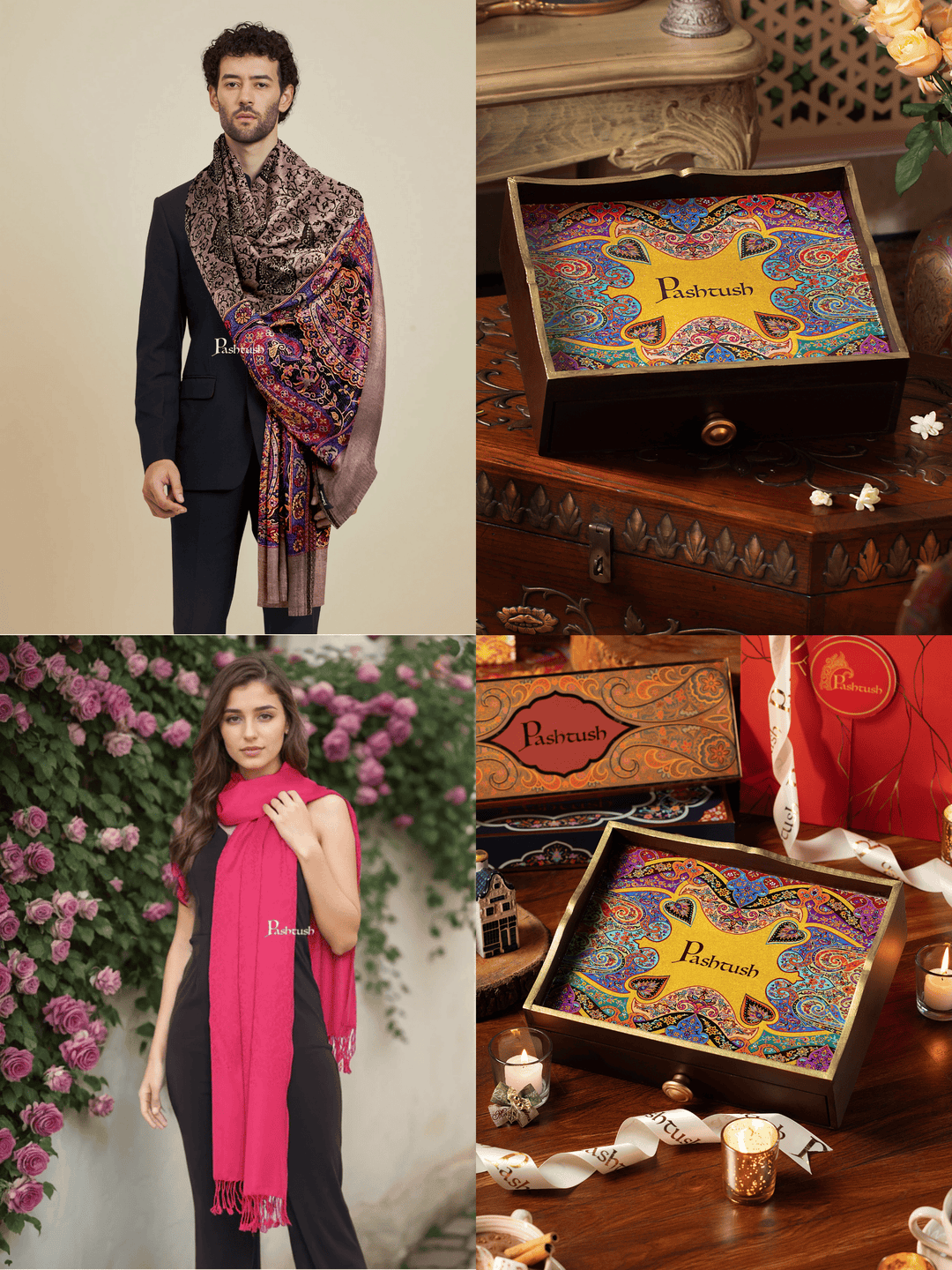 Pashtush India Gift Pack Pashtush His and Her Gift Set of Mens Bamboo Stole and Womens Fine Wool Stole, Multicoloured and Neo Pink, Packaged in Keepsake Wooden Chester Gift Box