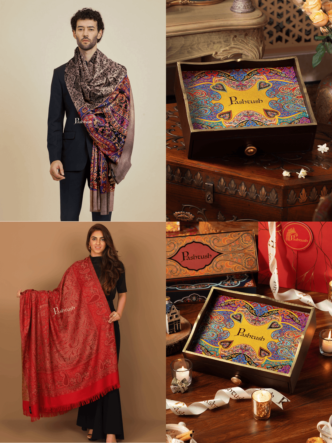 Pashtush India Gift Pack Pashtush His and Her Gift Set of Mens Bamboo Stole and Womens Jamawar Shawl, Multicoloured and Maroon, Packaged in Keepsake Wooden Chester Gift Box