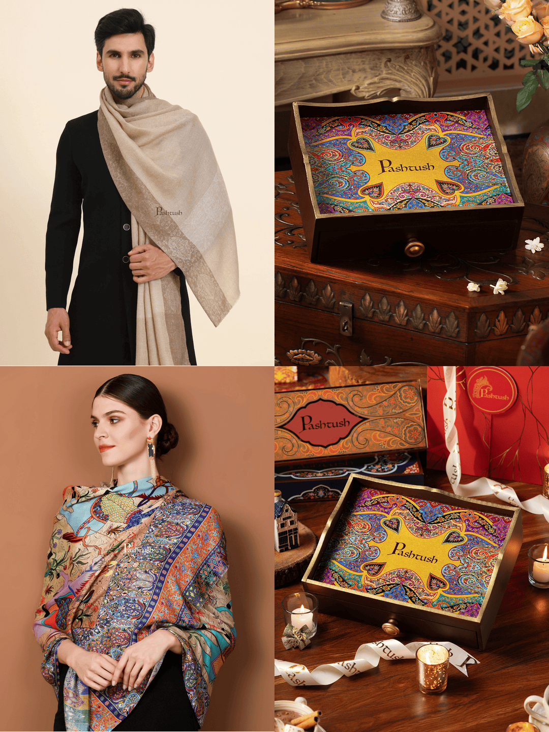 Pashtush India Gift Pack Pashtush His and Her Gift Set of Mens Extra Fine Wool Stole and Womens Bamboo Stole, Beige and Multicoloured, Packaged in Keepsake Wooden Chester Gift Box
