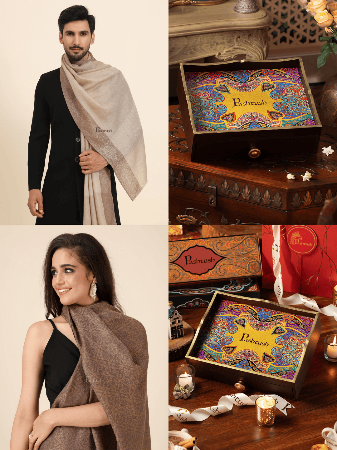 Pashtush India Gift Pack Pashtush His and Her Gift Set of Mens Extra Fine Wool Stole and Womens Twilight Shawl, Beige, Packaged in Keepsake Wooden Chester Gift Box