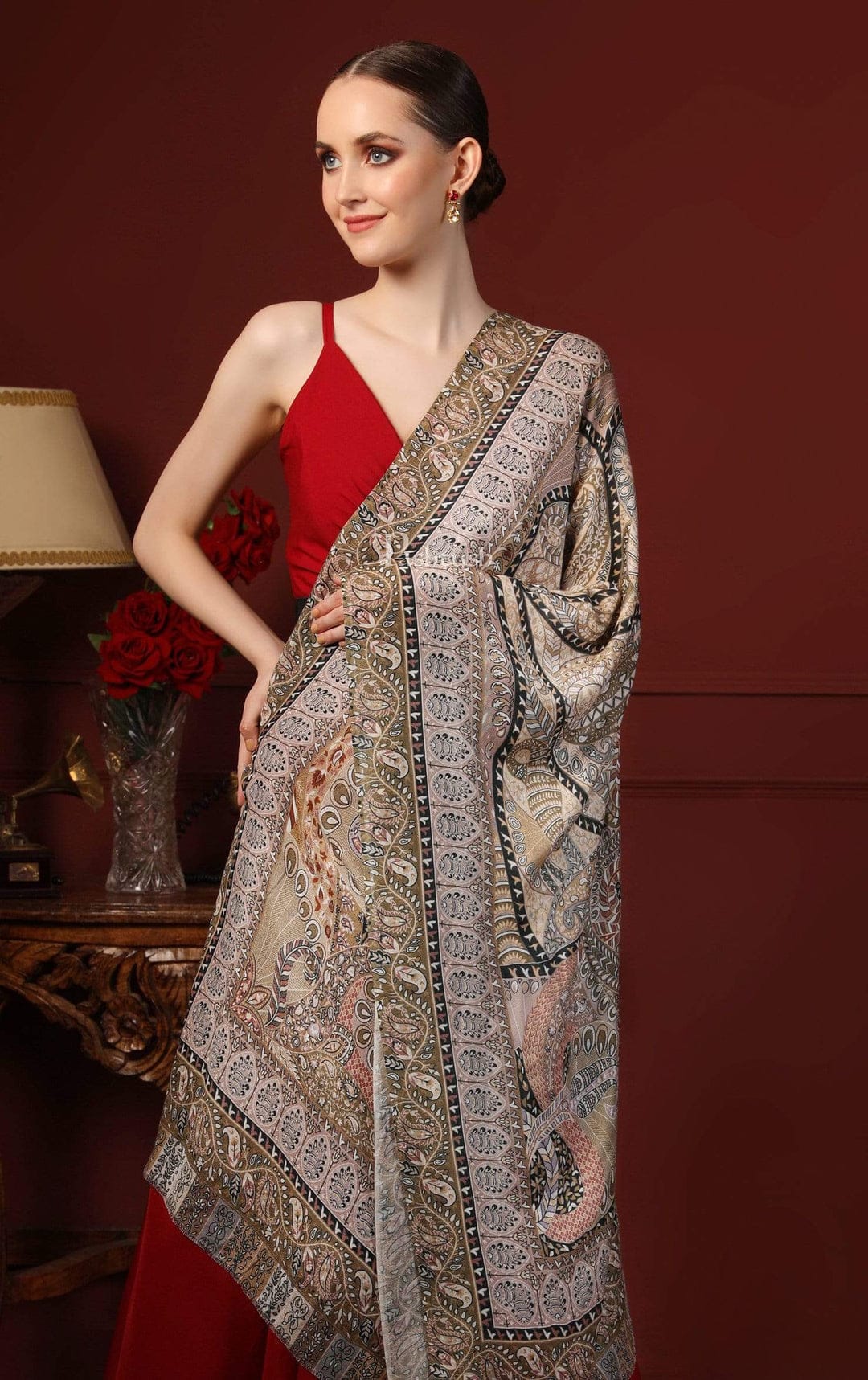 Pashtush India Gift Pack Pashtush His and Her Gift Set of Mens Fine Wool Shawl and Womens Bamboo Stole, Beige and Multicoloured, Packaged in Keepsake Wooden Chester Gift Box