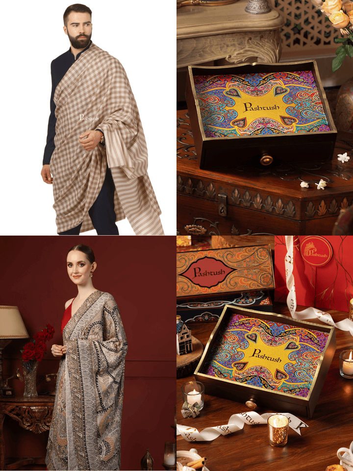 Pashtush India Gift Pack Pashtush His and Her Gift Set of Mens Fine Wool Shawl and Womens Bamboo Stole, Beige and Multicoloured, Packaged in Keepsake Wooden Chester Gift Box