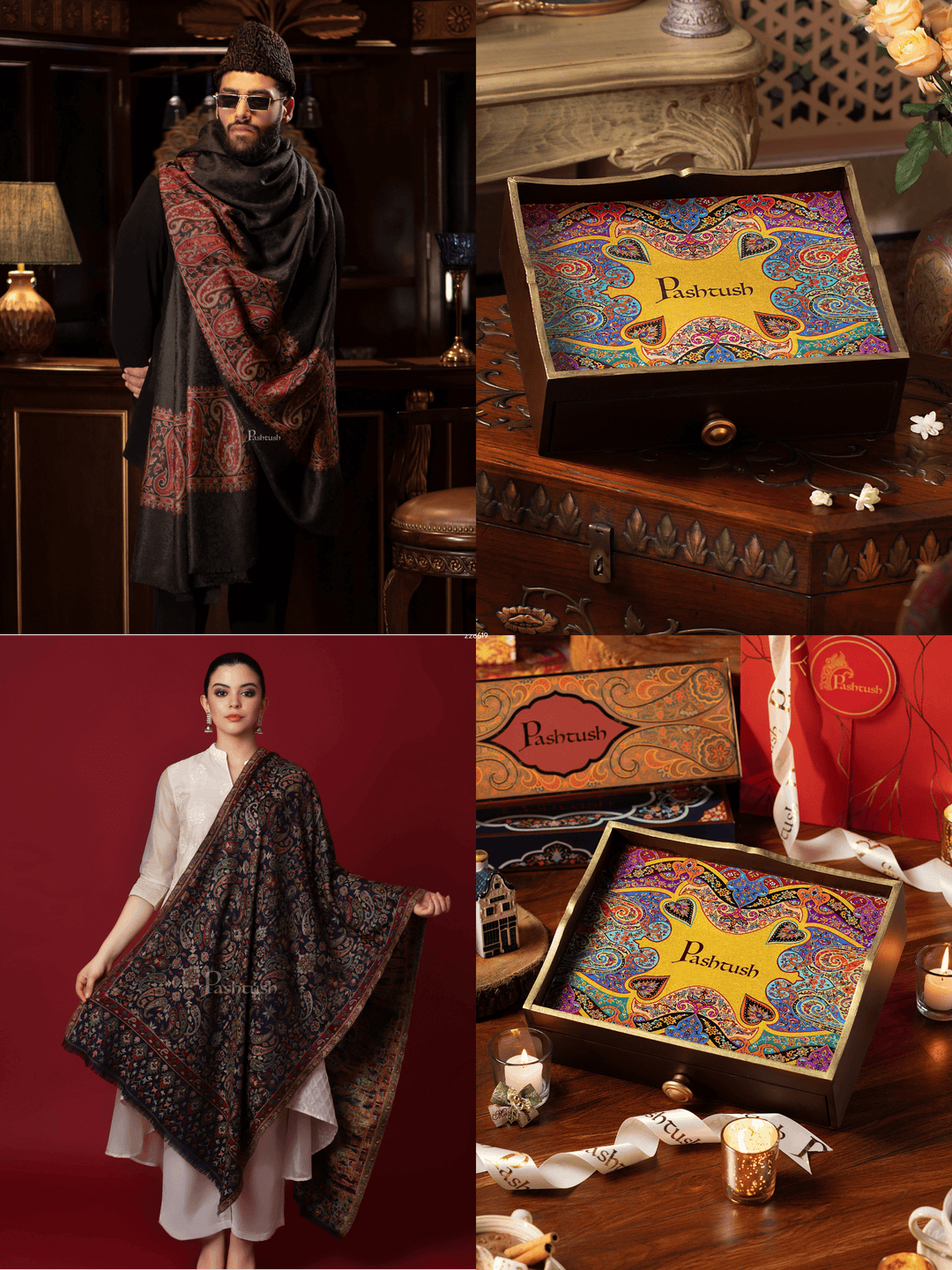 Pashtush India Gift Pack Pashtush His and Her Gift Set of Mens Fine Wool Shawl and Womens Faux Pashmina Shawl, Black and Navy Blue, Packaged in Keepsake Wooden Chester Gift Box