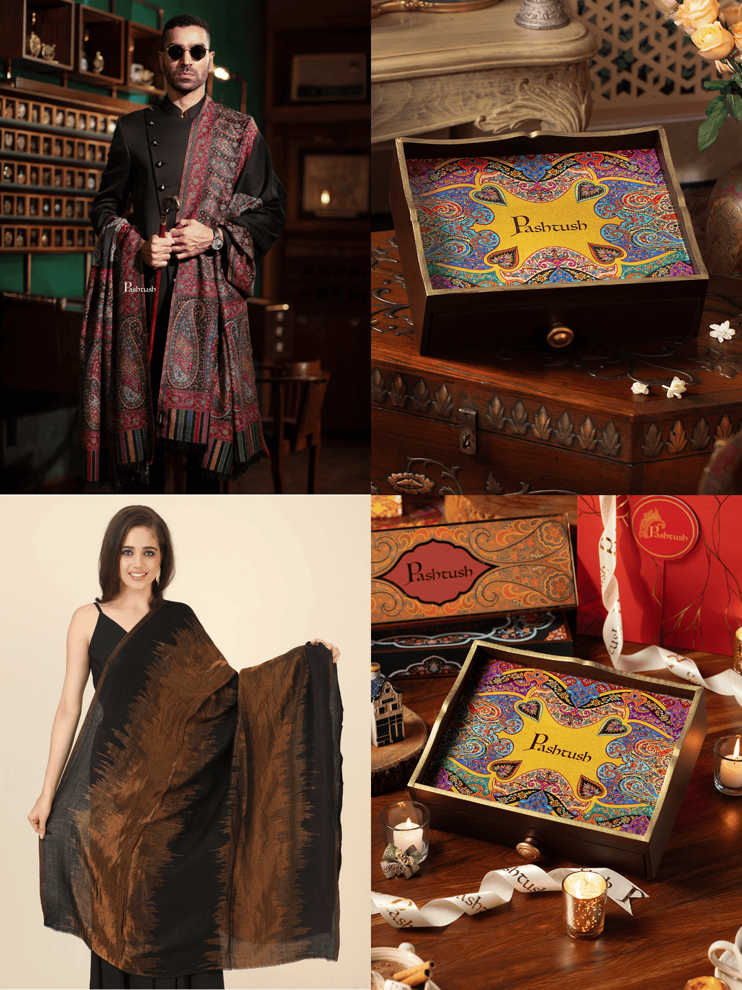 Pashtush India Gift Pack Pashtush His and Her Gift Set of Mens Fine Wool Shawl and Womens Twilight Stole, Black, Packaged in Keepsake Wooden Chester Gift Box