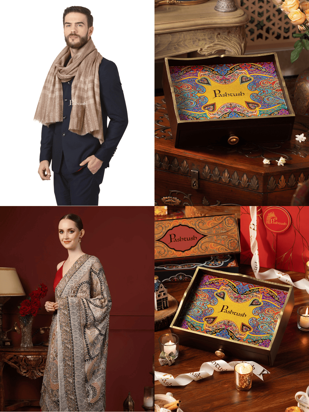 Pashtush India Gift Pack Pashtush His and Her Gift Set of Mens Fine Wool Stole and Womens Bamboo Stole, Beige and Multicoloured, Packaged in Keepsake Wooden Chester Gift Box