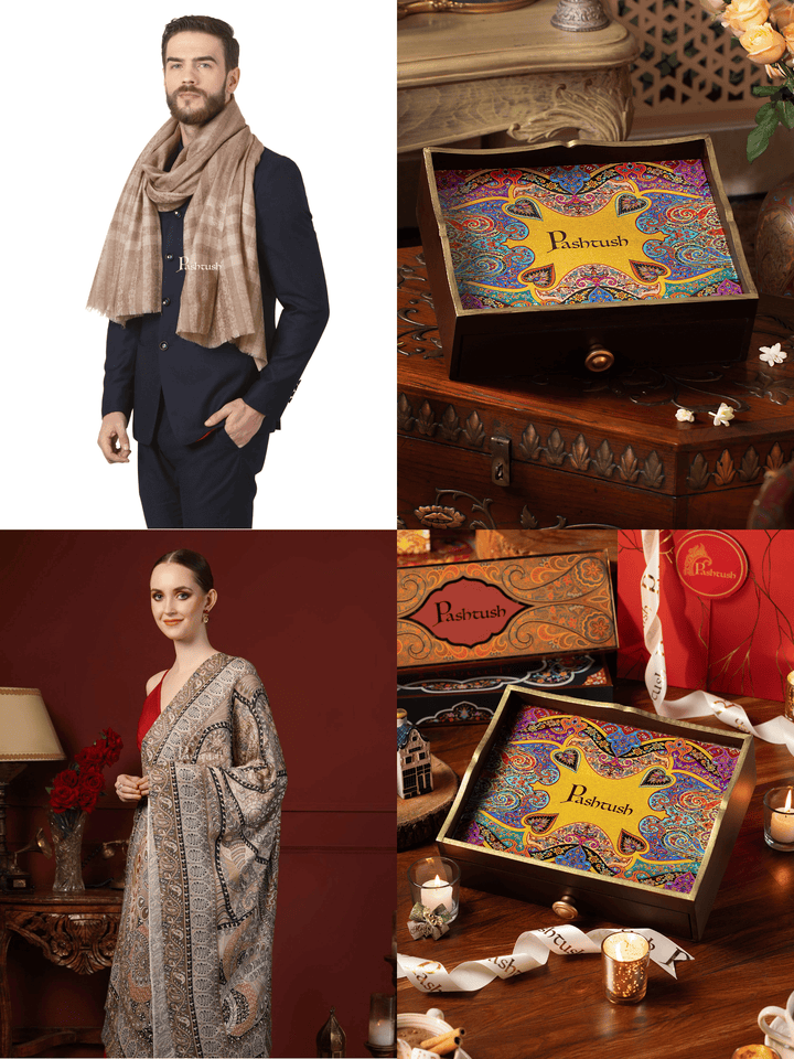 Pashtush India Gift Pack Pashtush His and Her Gift Set of Mens Fine Wool Stole and Womens Bamboo Stole, Beige and Multicoloured, Packaged in Keepsake Wooden Chester Gift Box