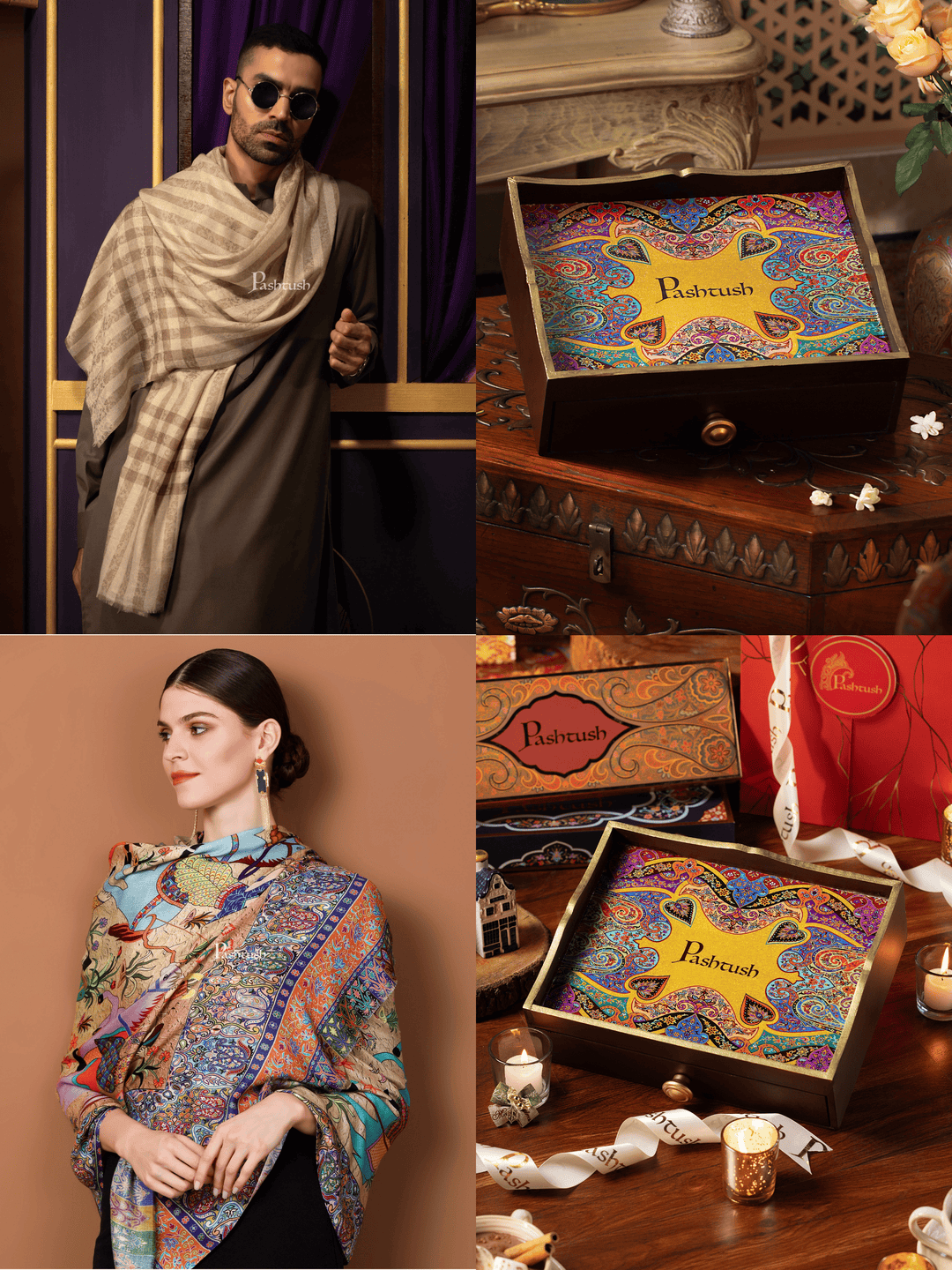 Pashtush India Gift Pack Pashtush His and Her Gift Set of Mens Fine Wool Stole and Womens Bamboo Stole, Beige and Multicoloured, Packaged in Keepsake Wooden Chester Gift Box