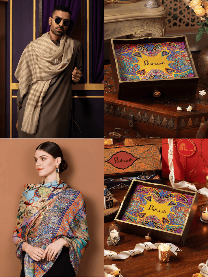 Pashtush India Gift Pack Pashtush His and Her Gift Set of Mens Fine Wool Stole and Womens Bamboo Stole, Beige and Multicoloured, Packaged in Keepsake Wooden Chester Gift Box
