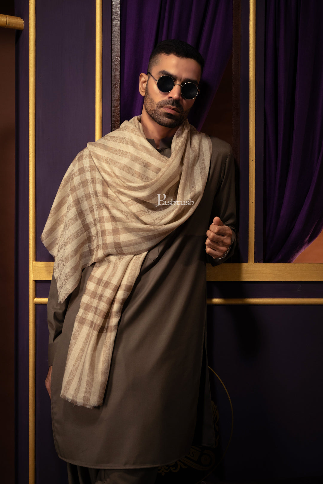 Pashtush India Gift Pack Pashtush His and Her Gift Set of Mens Fine Wool Stole and Womens Bamboo Stole, Beige and Multicoloured, Packaged in Keepsake Wooden Chester Gift Box