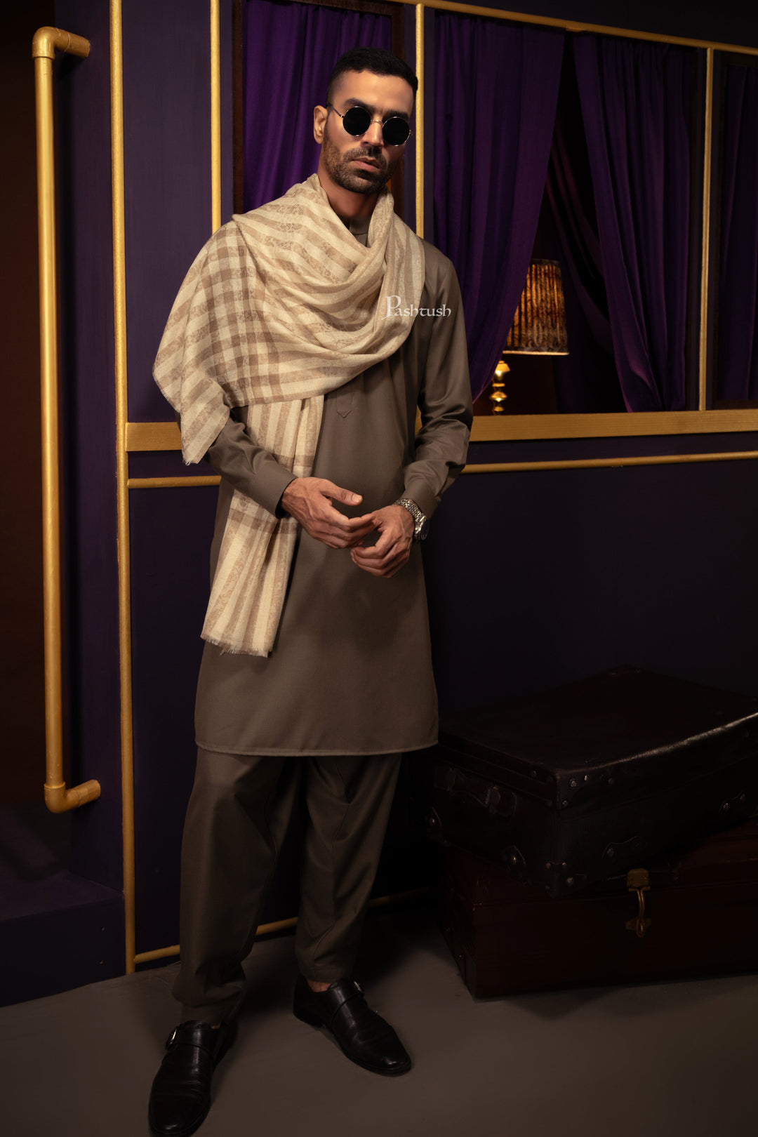 Pashtush India Gift Pack Pashtush His and Her Gift Set of Mens Fine Wool Stole and Womens Bamboo Stole, Beige and Multicoloured, Packaged in Keepsake Wooden Chester Gift Box