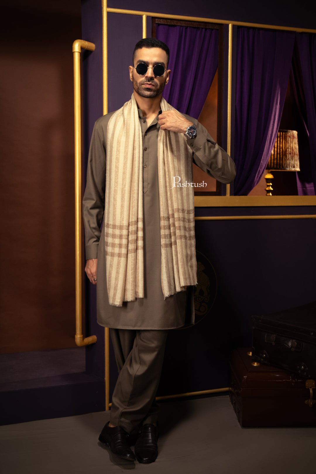 Pashtush India Gift Pack Pashtush His and Her Gift Set of Mens Fine Wool Stole and Womens Bamboo Stole, Beige and Multicoloured, Packaged in Keepsake Wooden Chester Gift Box