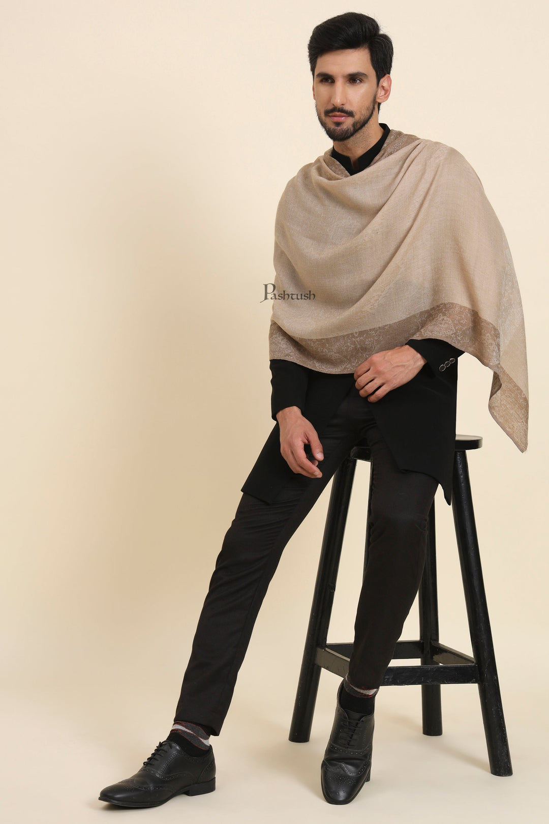 Pashtush India Gift Pack Pashtush His and Her Gift Set of Mens Fine Wool Stole and Womens Bamboo Stole, Beige and Multicoloured, Packaged in Keepsake Wooden Chester Gift Box