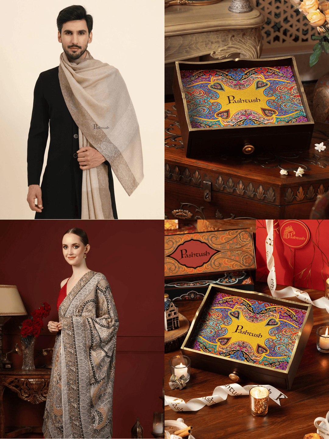 Pashtush India Gift Pack Pashtush His and Her Gift Set of Mens Fine Wool Stole and Womens Bamboo Stole, Beige and Multicoloured, Packaged in Keepsake Wooden Chester Gift Box
