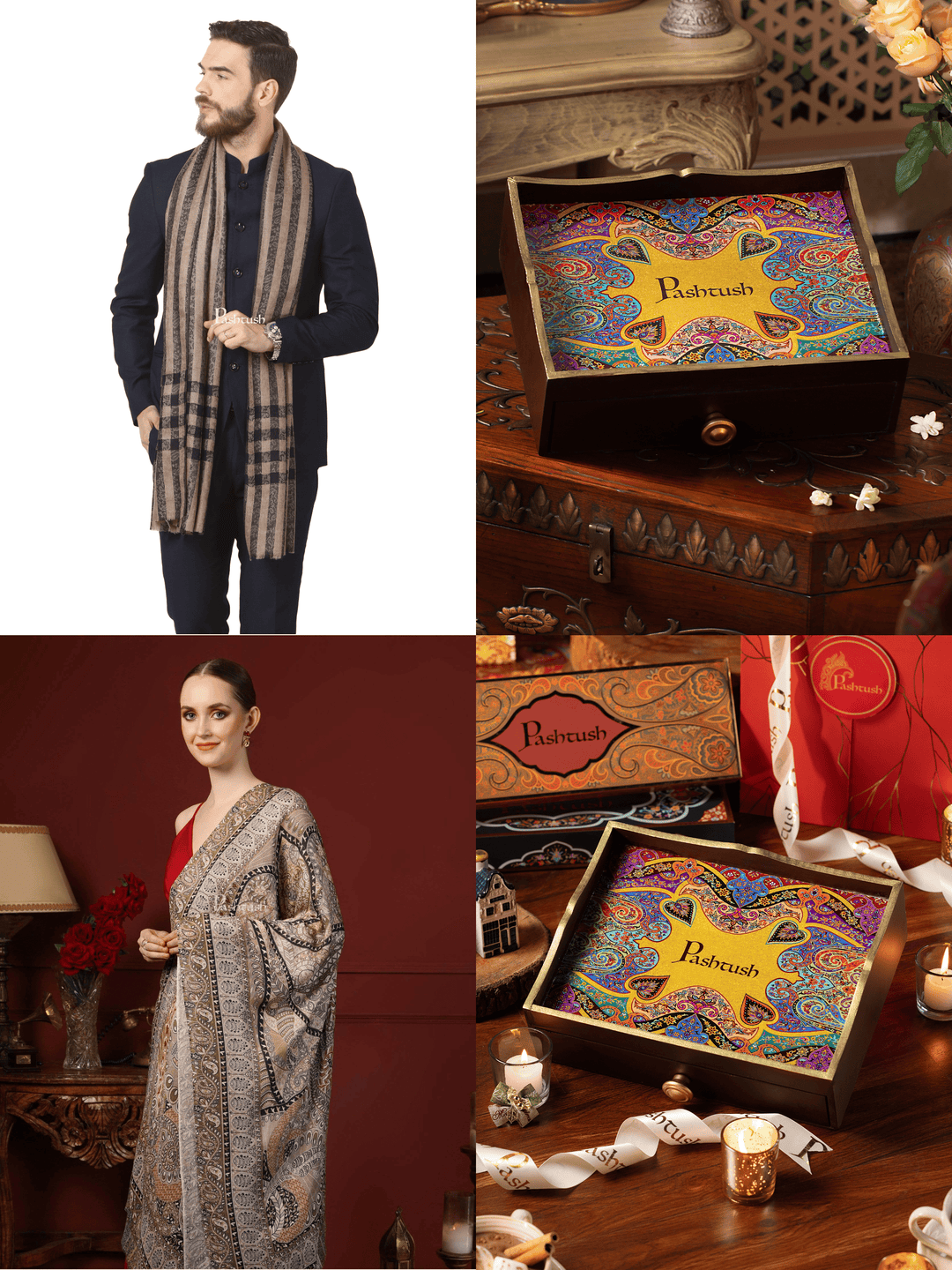 Pashtush India Gift Pack Pashtush His and Her Gift Set of Mens Fine Wool Stole and Womens Bamboo Stole, Black and Multicoloured, Packaged in Keepsake Wooden Chester Gift Box