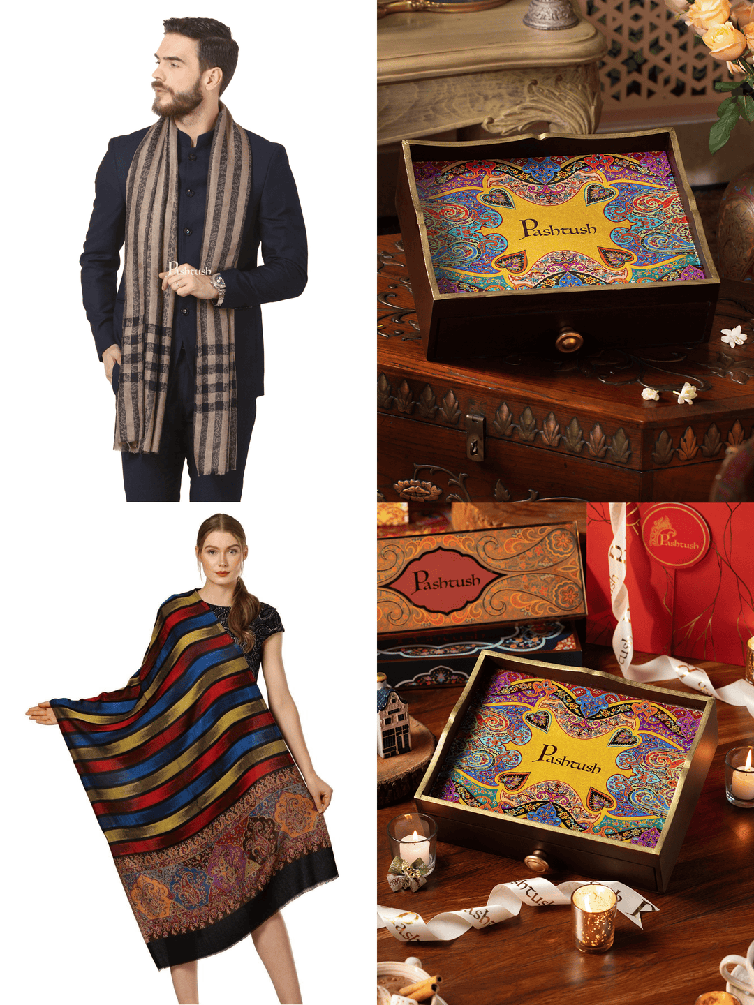 Pashtush India Gift Pack Pashtush His and Her Gift Set of Mens Fine Wool Stole and Womens Bamboo Stole, Black and Multicoloured, Packaged in Keepsake Wooden Chester Gift Box
