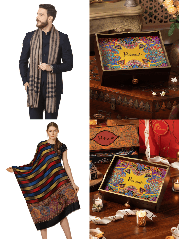 Pashtush India Gift Pack Pashtush His and Her Gift Set of Mens Fine Wool Stole and Womens Bamboo Stole, Black and Multicoloured, Packaged in Keepsake Wooden Chester Gift Box