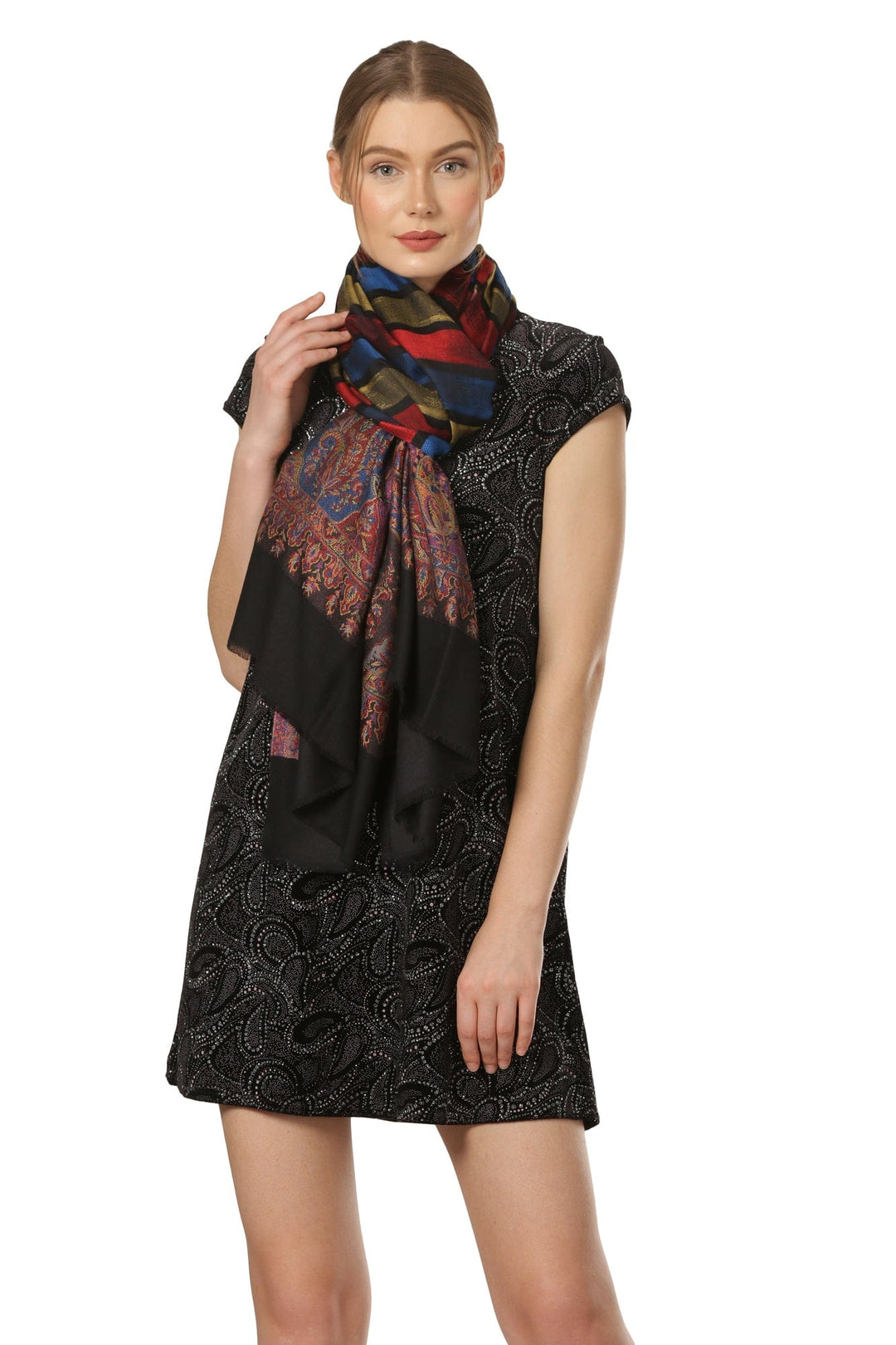 Pashtush India Gift Pack Pashtush His and Her Gift Set of Mens Fine Wool Stole and Womens Bamboo Stole, Black and Multicoloured, Packaged in Keepsake Wooden Chester Gift Box