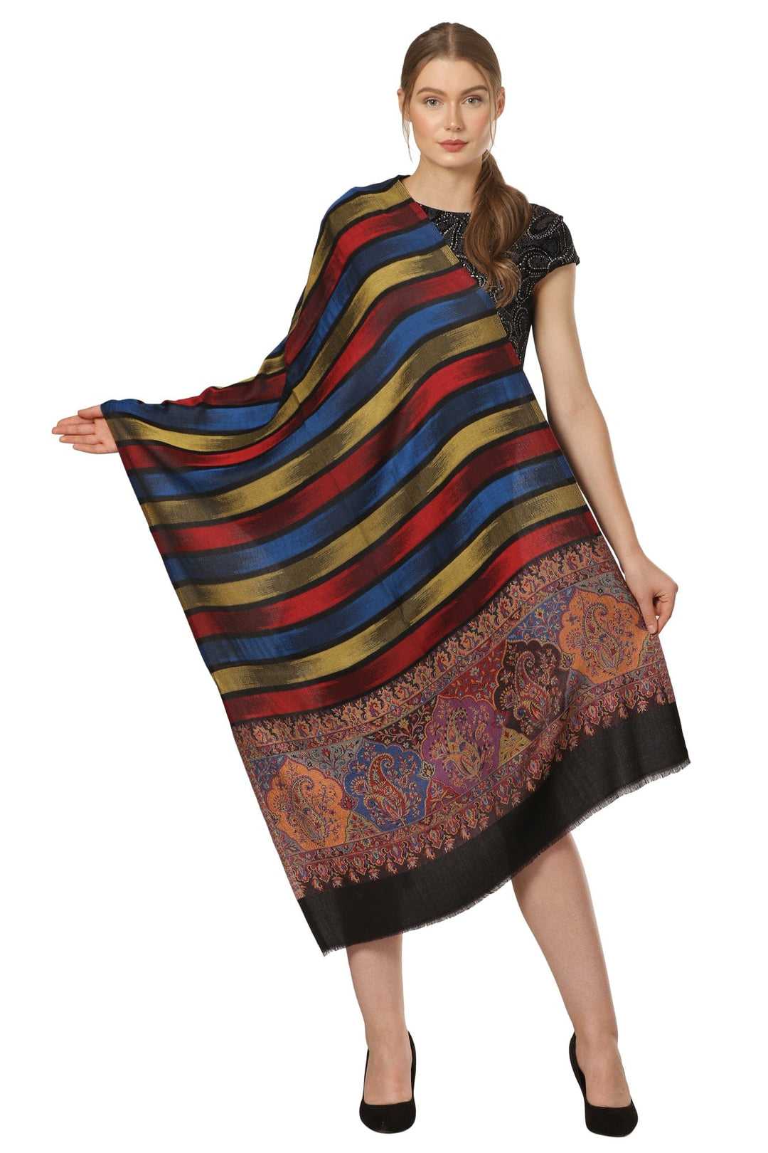 Pashtush India Gift Pack Pashtush His and Her Gift Set of Mens Fine Wool Stole and Womens Bamboo Stole, Black and Multicoloured, Packaged in Keepsake Wooden Chester Gift Box