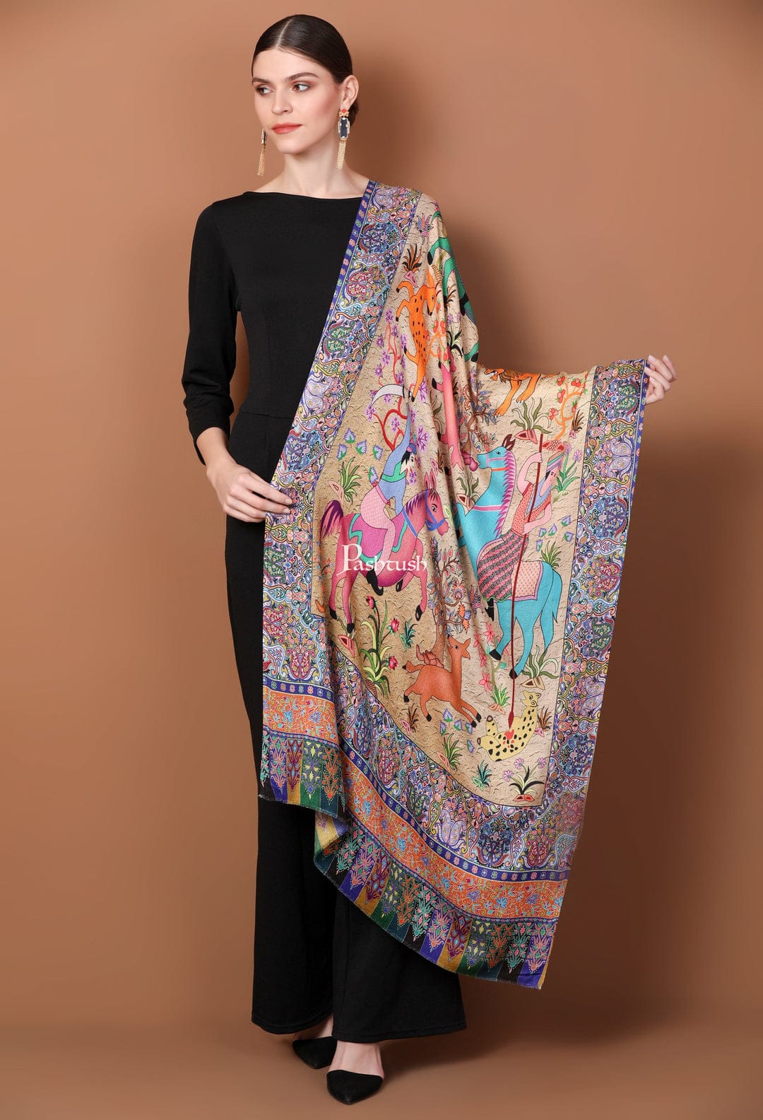 Pashtush India Gift Pack Pashtush His and Her Gift Set of Mens Jamawar Stole and Womens Bamboo Stole, Navy Blue and Multicoloured, Packaged in Keepsake Wooden Chester Gift Box