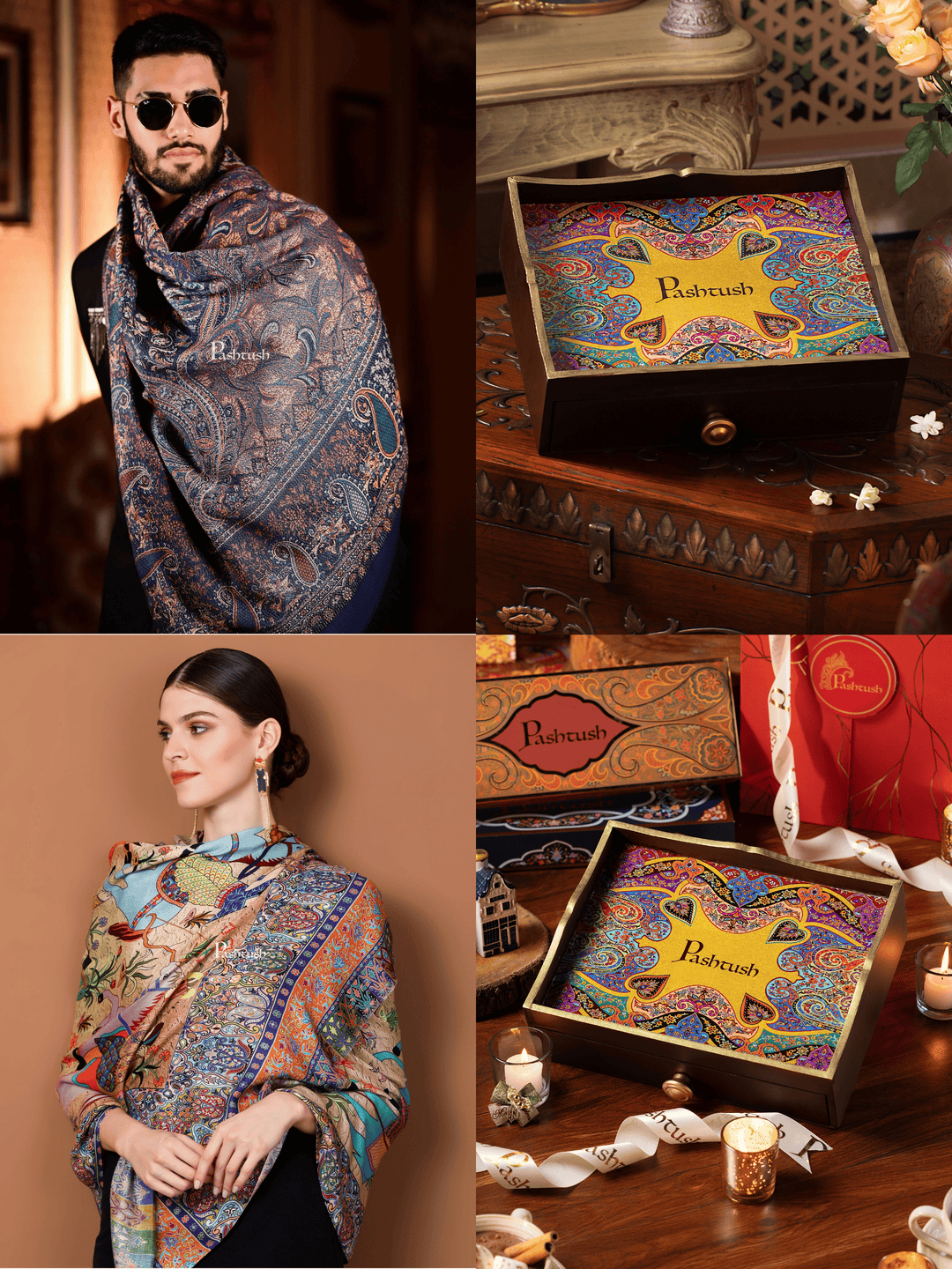 Pashtush India Gift Pack Pashtush His and Her Gift Set of Mens Jamawar Stole and Womens Bamboo Stole, Navy Blue and Multicoloured, Packaged in Keepsake Wooden Chester Gift Box