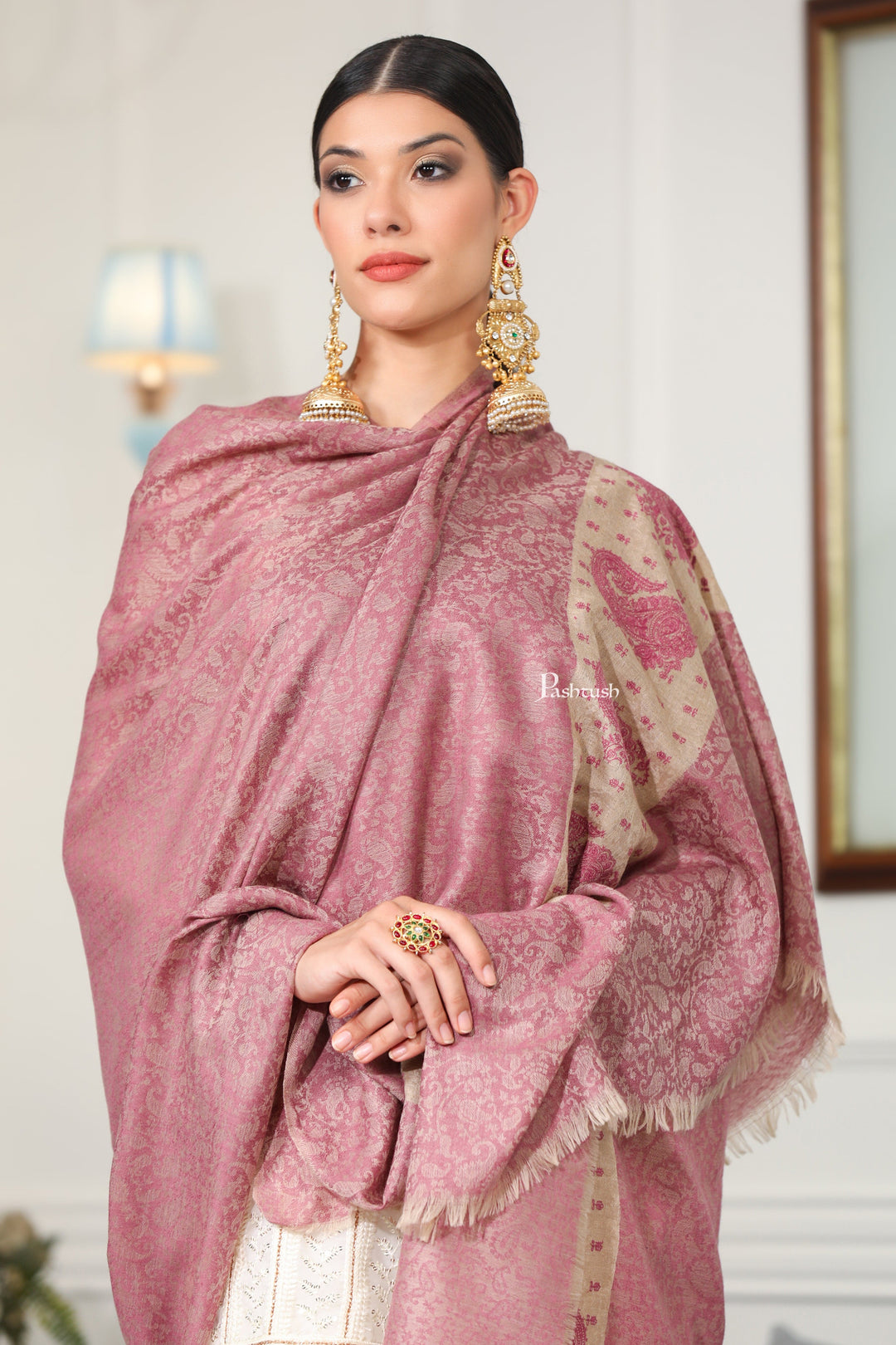 Pashtush India Gift Pack Pashtush His and Her Gift Set of Mens Jamawar Stole and Womens Extra Fine Wool Shawl, Navy Blue and Peel Lilac, Packaged in Keepsake Wooden Chester Gift Box