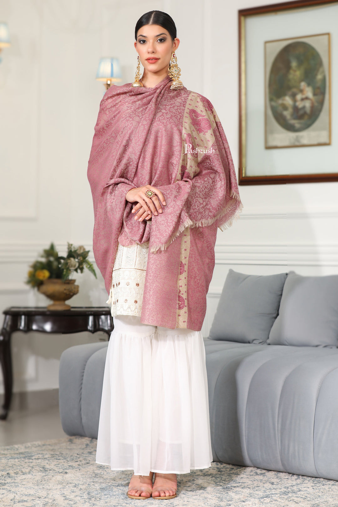 Pashtush India Gift Pack Pashtush His and Her Gift Set of Mens Jamawar Stole and Womens Extra Fine Wool Shawl, Navy Blue and Peel Lilac, Packaged in Keepsake Wooden Chester Gift Box