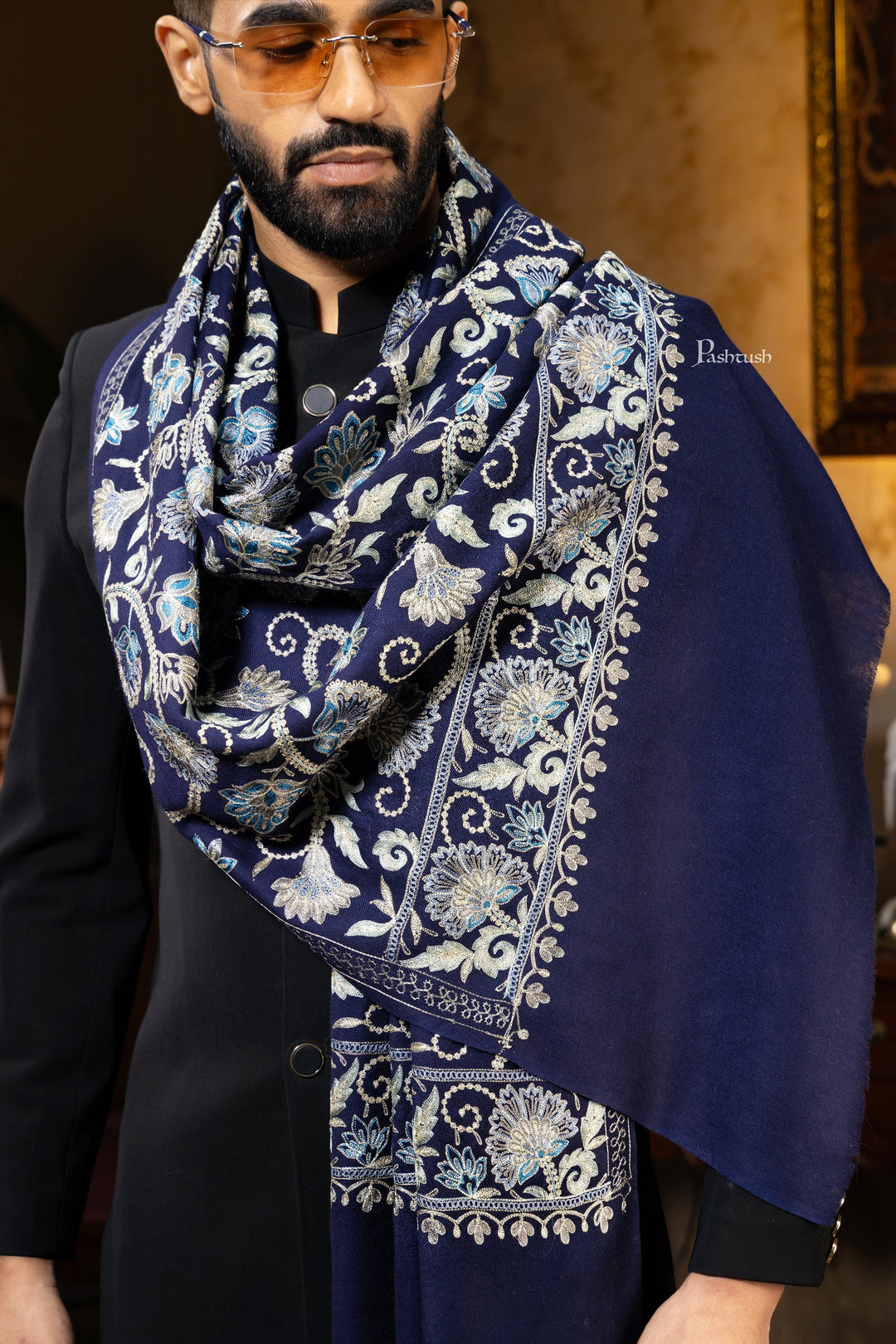 Pashtush India Gift Pack Pashtush His and Her Gift Set of Mens Silk Wool Embroidery Stole and Womens Pure Cashmere Stole, Navy Blue and Ombre, Packaged in Keepsake Wooden Chester Gift Box