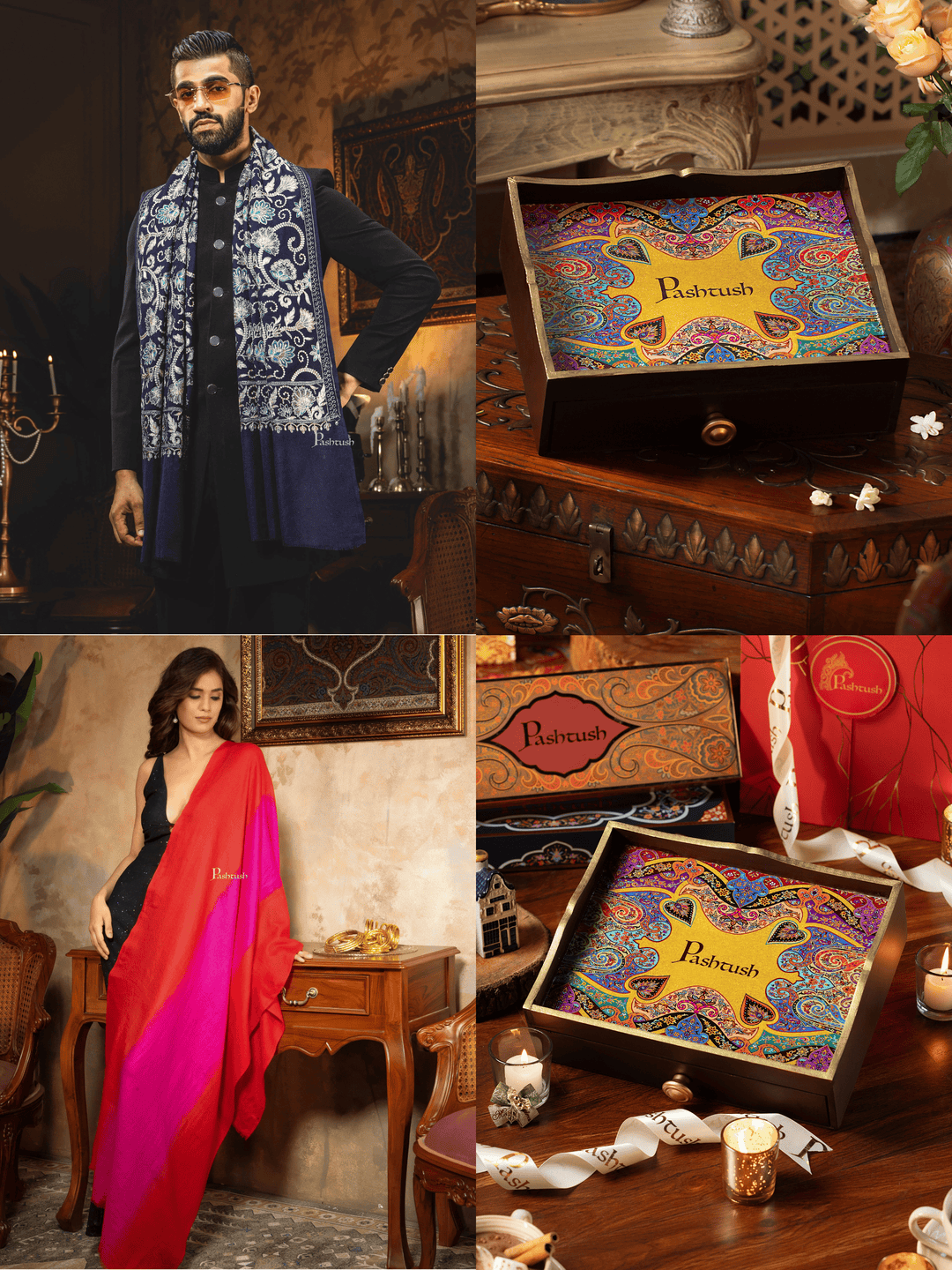 Pashtush India Gift Pack Pashtush His and Her Gift Set of Mens Silk Wool Embroidery Stole and Womens Pure Cashmere Stole, Navy Blue and Ombre, Packaged in Keepsake Wooden Chester Gift Box