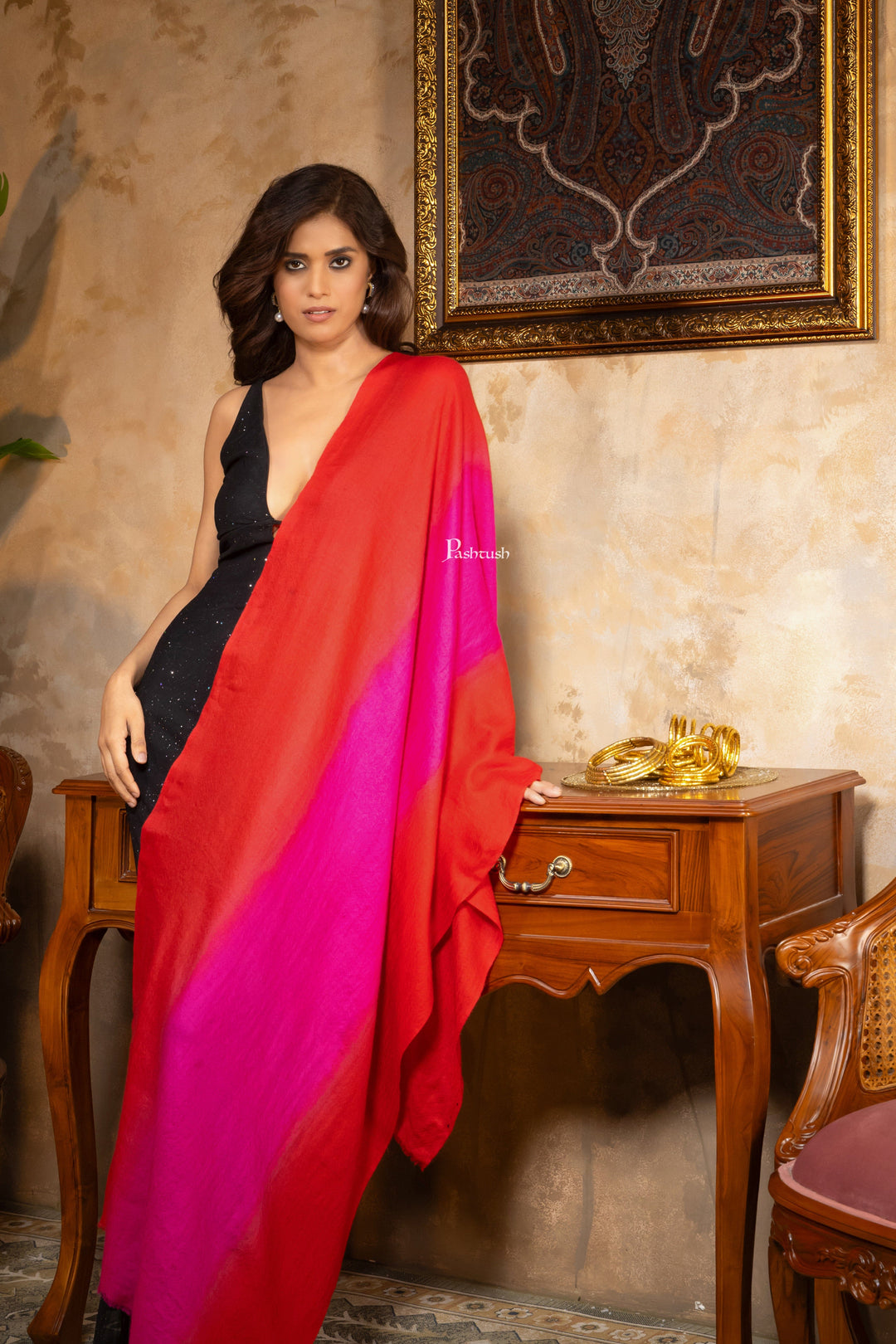 Pashtush India Gift Pack Pashtush His and Her Gift Set of Mens Silk Wool Embroidery Stole and Womens Pure Cashmere Stole, Navy Blue and Ombre, Packaged in Keepsake Wooden Chester Gift Box