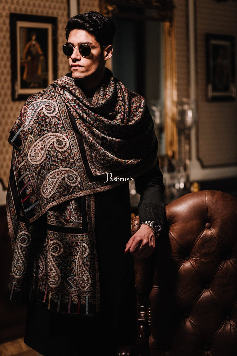 Pashtush India Gift Pack Pashtush His And Her Gift Set of Mens Stole and Womens Shawl, Premium Gift Box Packaging, Black