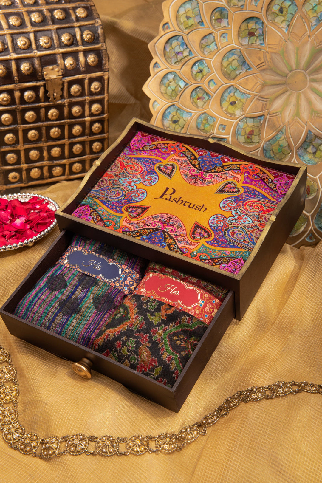 Pashtush India Gift Pack Pashtush His And Her Gift Set Of Pure Wool Reversible Stole And Extra Fine Ethnic Shawl With Wooden Chester Box, Multicolour