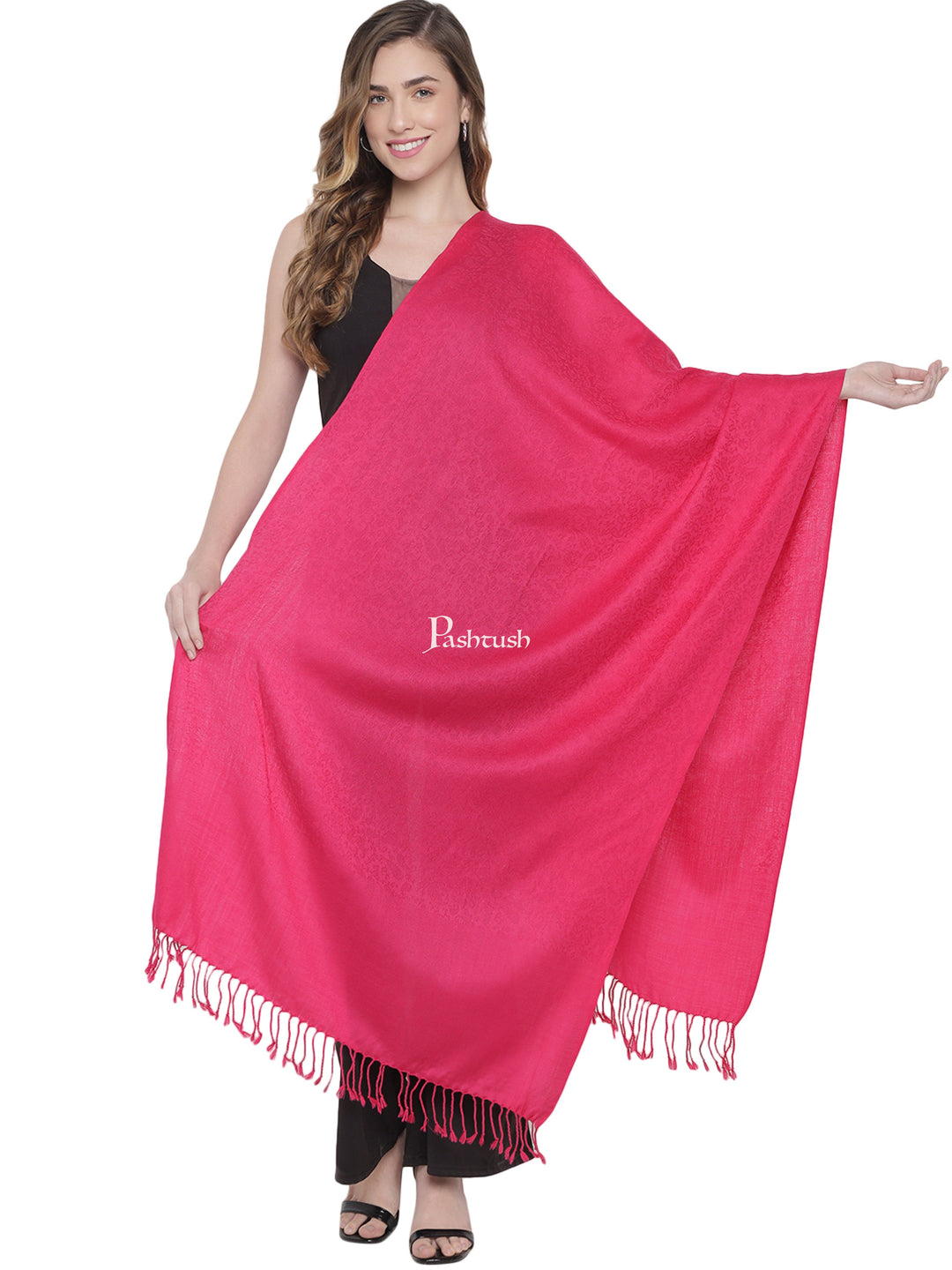 Pashtush India Gift Pack Pashtush His And Her Gift Set Of Reversible Self Design Stoles With Premium Gift Box Packaging, Black and Neon Pink