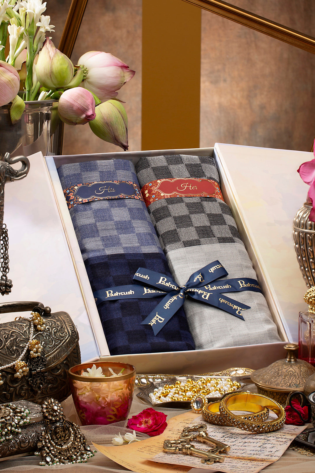 Pashtush India Gift Pack Pashtush His And Her Gift Set Of Silk Wool Stoles With Premium Gift Box Packaging, Checkered Weave, Blue and Grey