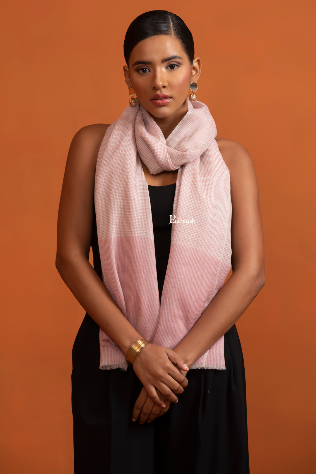 Pashtush India Gift Pack Pashtush His And Her Gift Set Of Silk Wool Stoles With Premium Gift Box Packaging, Houndstooth Weave, Taupe and Soft Pink