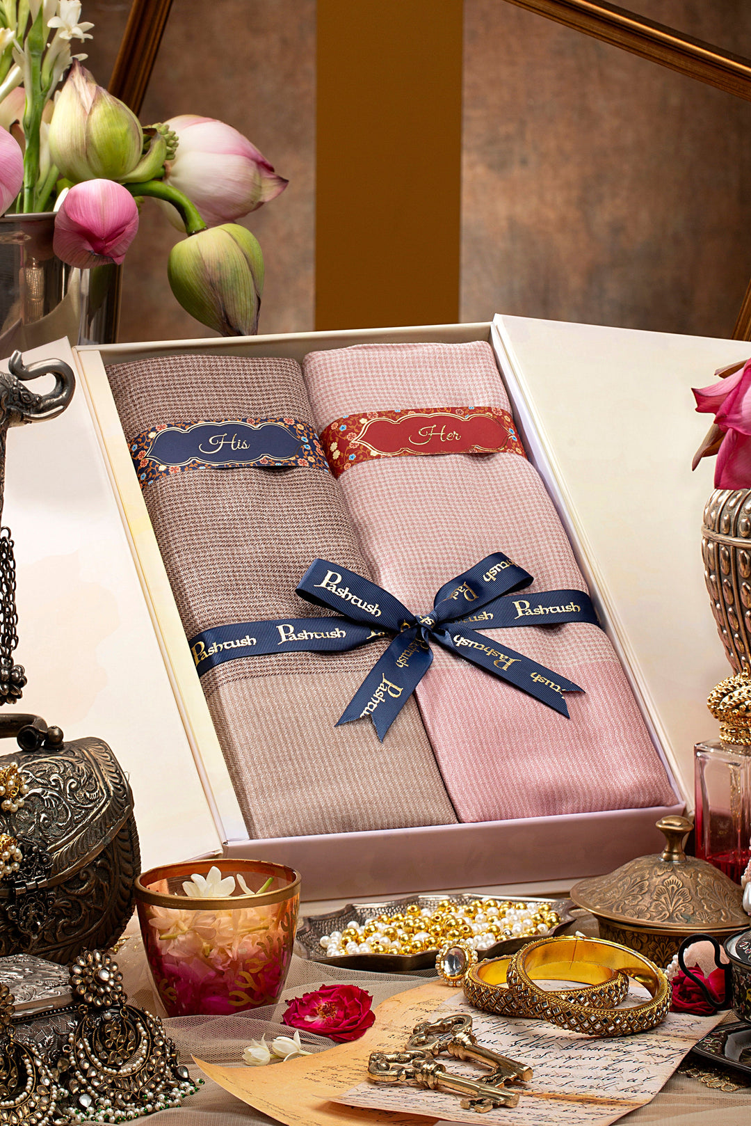 Pashtush India Gift Pack Pashtush His And Her Gift Set Of Silk Wool Stoles With Premium Gift Box Packaging, Houndstooth Weave, Taupe and Soft Pink