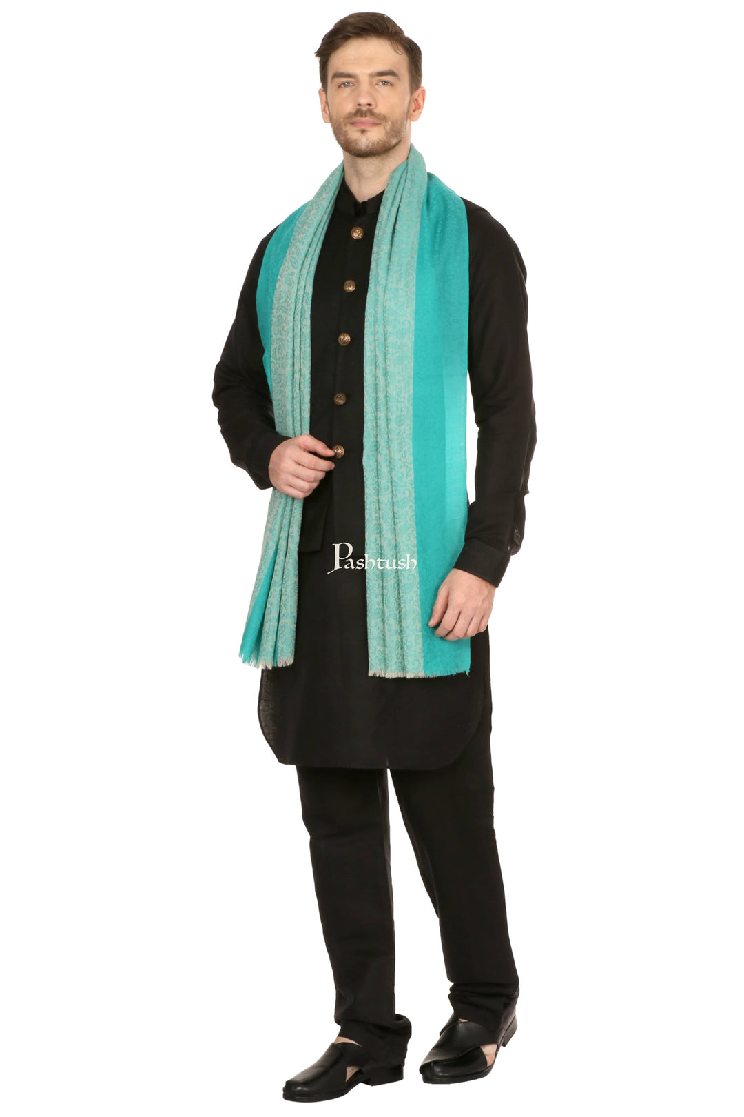 Pashtush India Gift Pack Pashtush His And Her Gift Set Of Striped Design Stoles With Premium Gift Box Packaging, Sea Green and Black