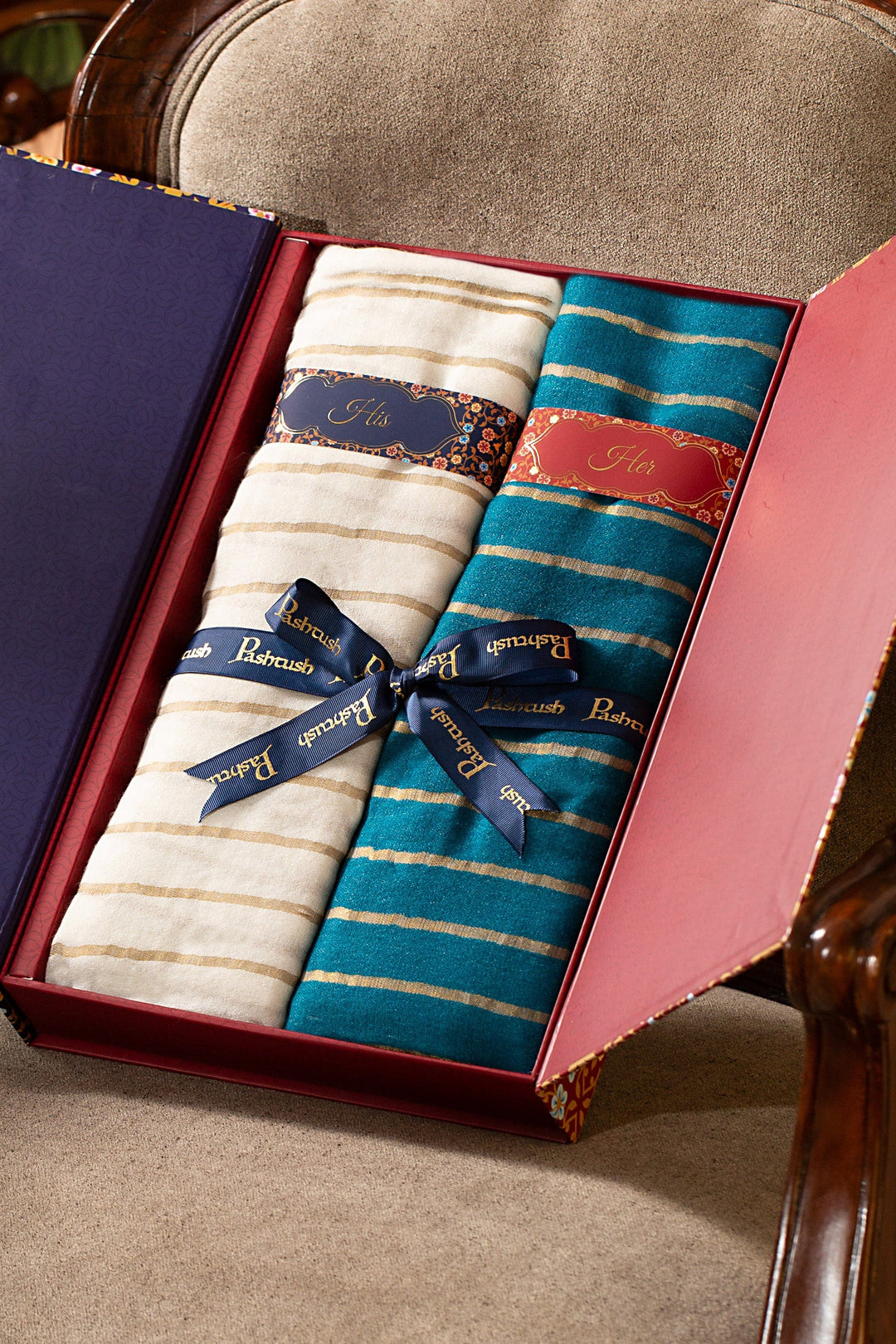 Pashtush India Gift Pack Pashtush His And Her Gift Set Of Striped Twilight Stoles, Premium Gift Box Packaging, Ivory and Blue