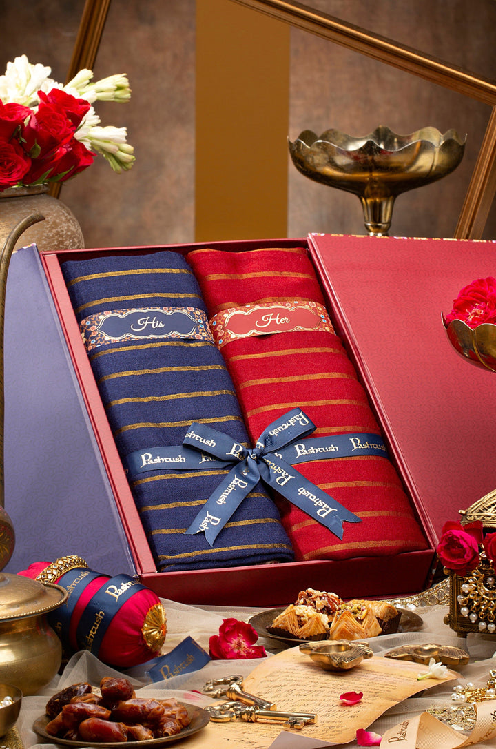 Pashtush India Gift Pack Pashtush His And Her Gift Set Of Striped Twilight Stoles With Premium Gift Box Packaging, Navy Blue And Scarlet Red