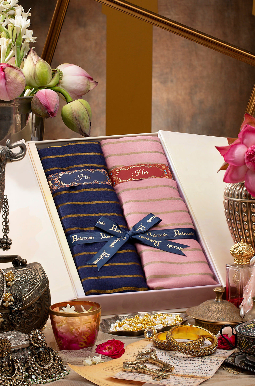 Pashtush India Gift Pack Pashtush His And Her Gift Set Of Striped Twilight Stoles With Premium Gift Box Packaging, Royal Blue And Pink