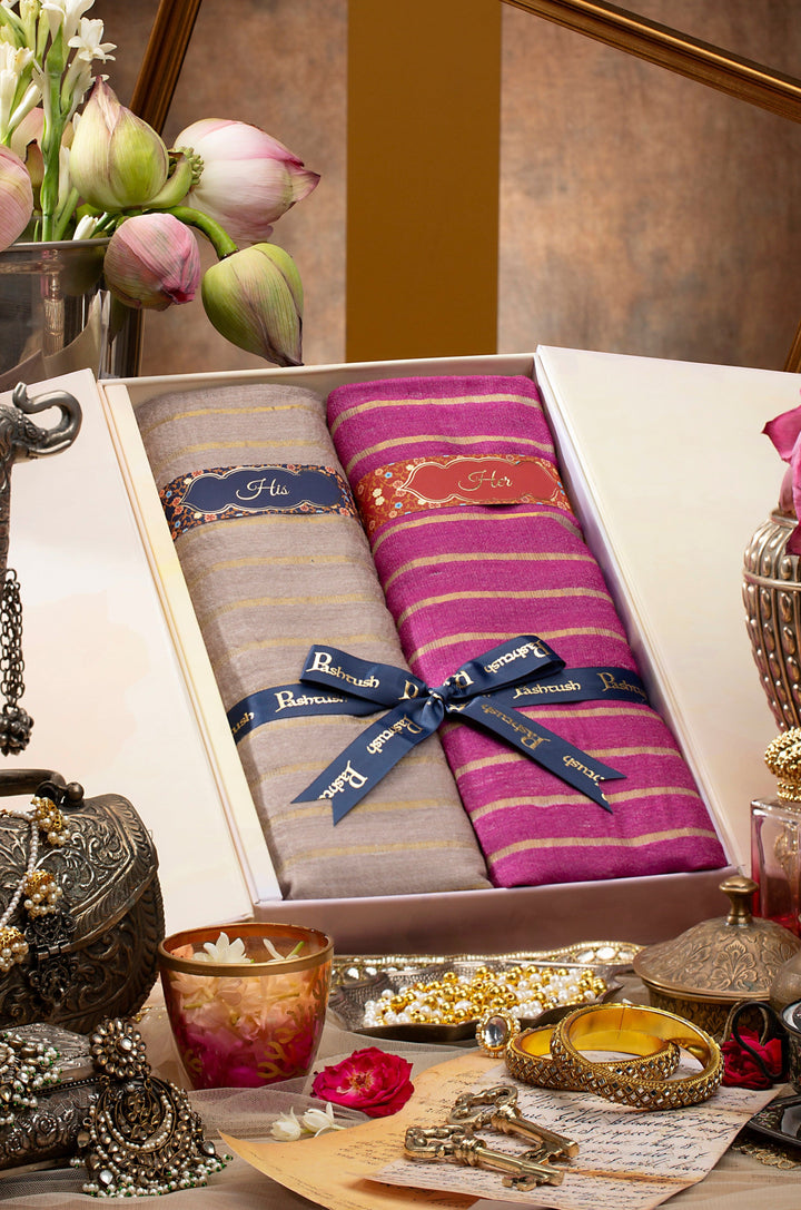 Pashtush India Gift Pack Pashtush His And Her Gift Set Of Striped Twilight Stoles With Premium Gift Box Packaging, Sombre Beige And Deep Pink